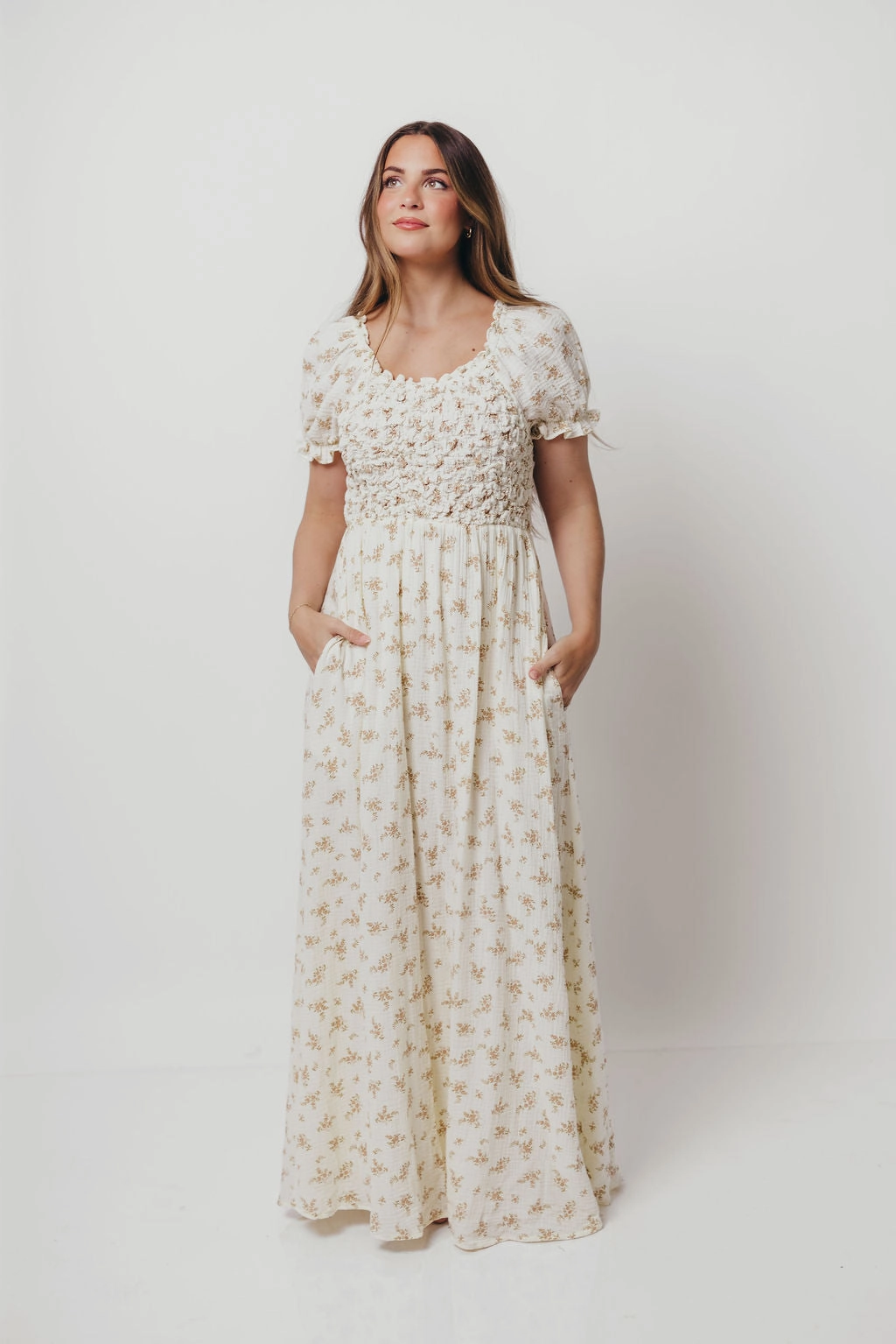 Flattering Silhouette Daily Flex Emilia 100% Cotton Smocked Maxi Dress in Cream - Bump Friendly