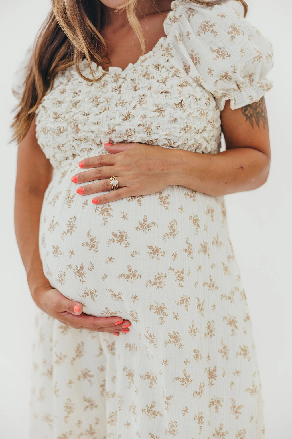 Minimalist feel MoistureWickingTechnology Emilia 100% Cotton Smocked Maxi Dress in Cream - Bump Friendly