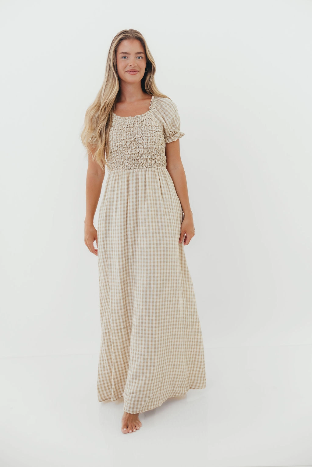 Light Sheen Emilia 100% Cotton Smocked Maxi Dress in Natural - Bump Friendly