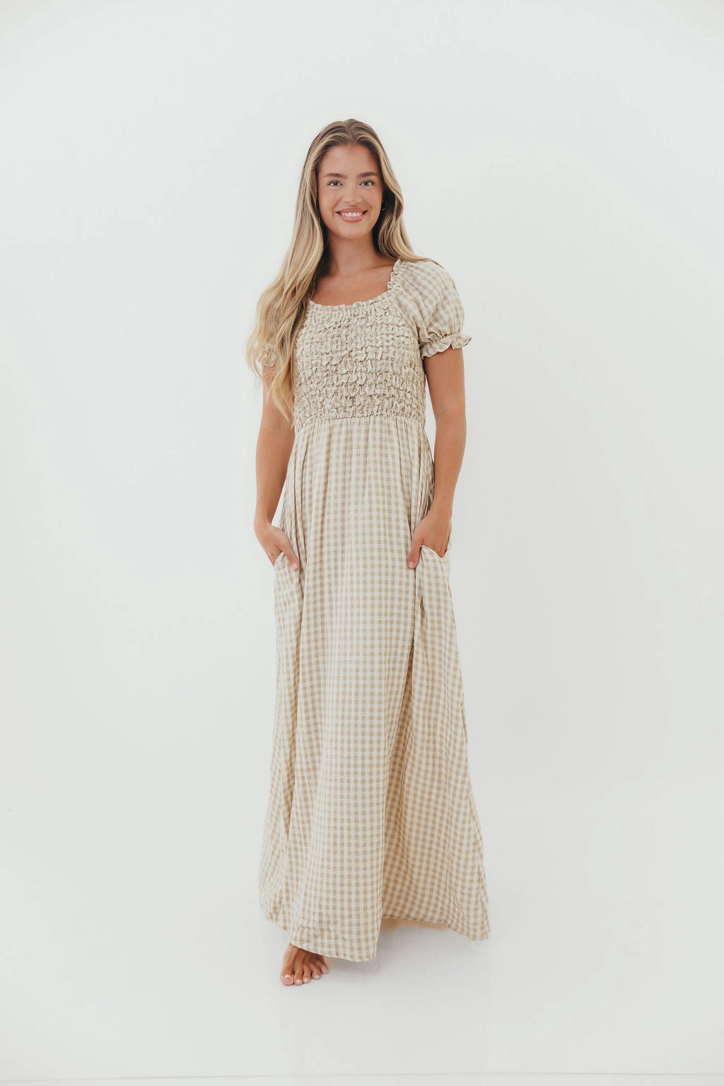 Emilia 100% Cotton Smocked Maxi Dress in Natural - Bump Friendly Everyday Comfort Wear