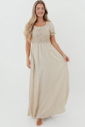 Stylish Design Emilia 100% Cotton Smocked Maxi Dress in Natural - Bump Friendly