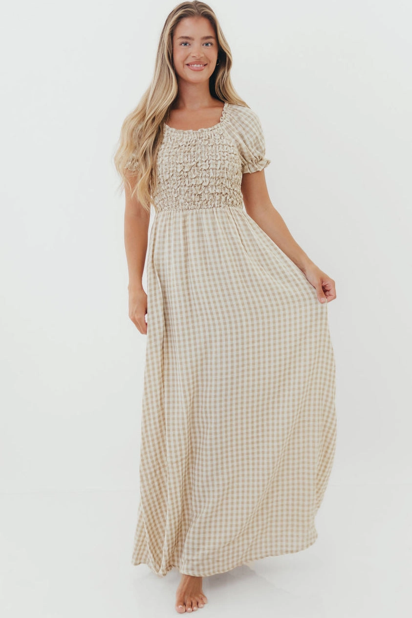 Stylish Design Emilia 100% Cotton Smocked Maxi Dress in Natural - Bump Friendly
