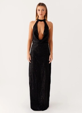 Empire Sequin Maxi Dress - Black Party Safe Easy Movement