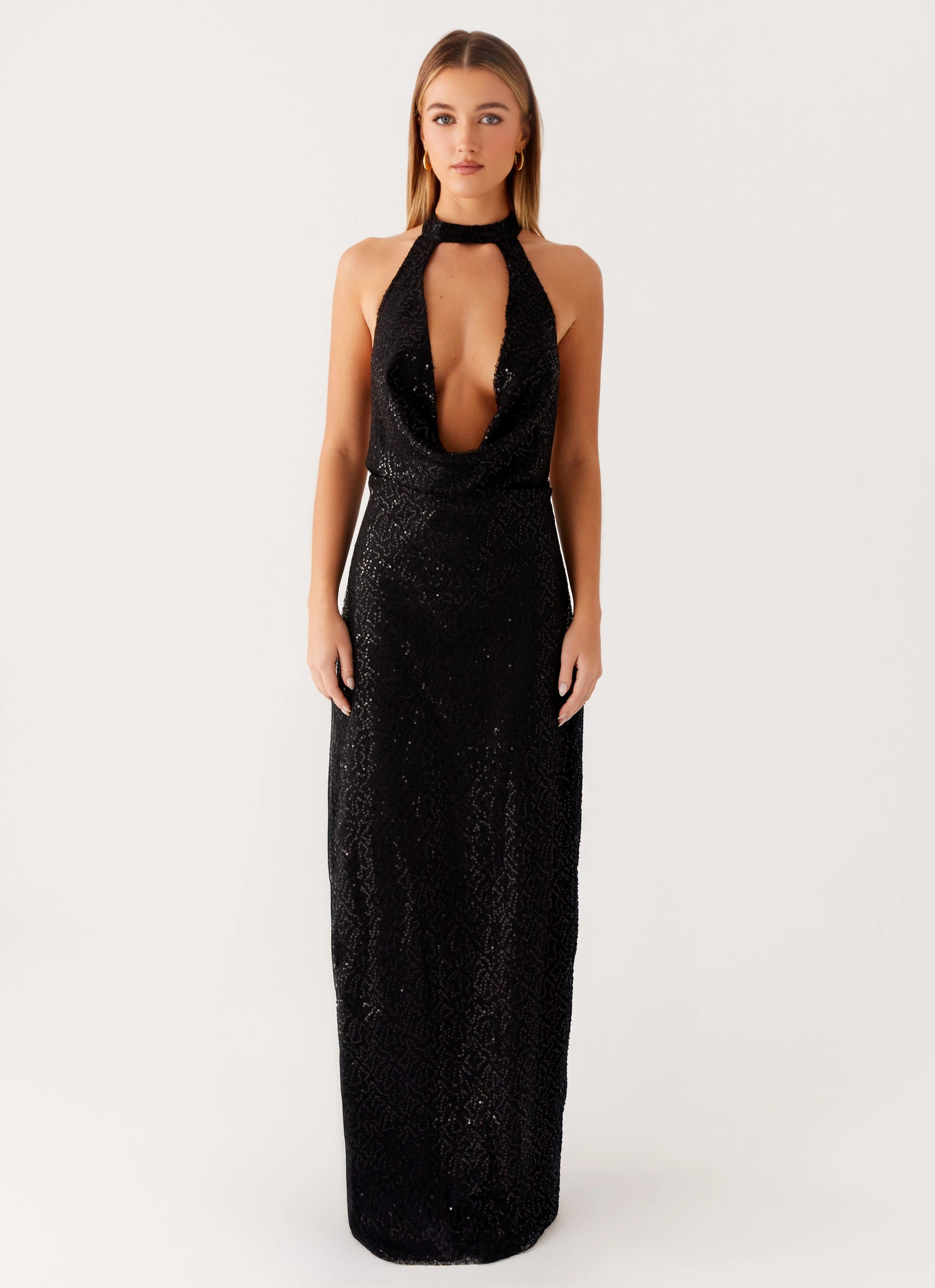 Empire Sequin Maxi Dress - Black Party Safe Easy Movement