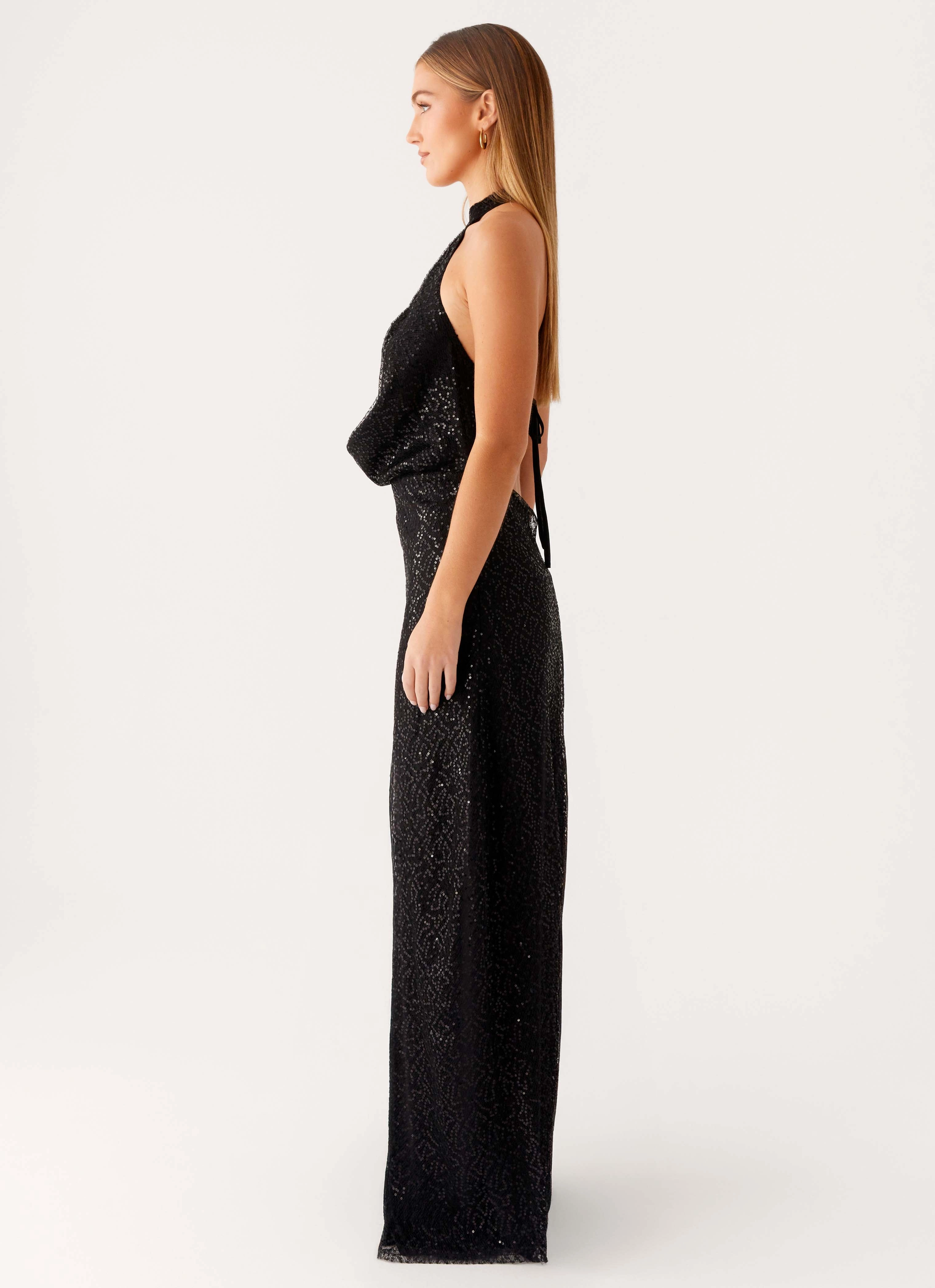 Minimal Curve Versatile Style Wear Empire Sequin Maxi Dress - Black