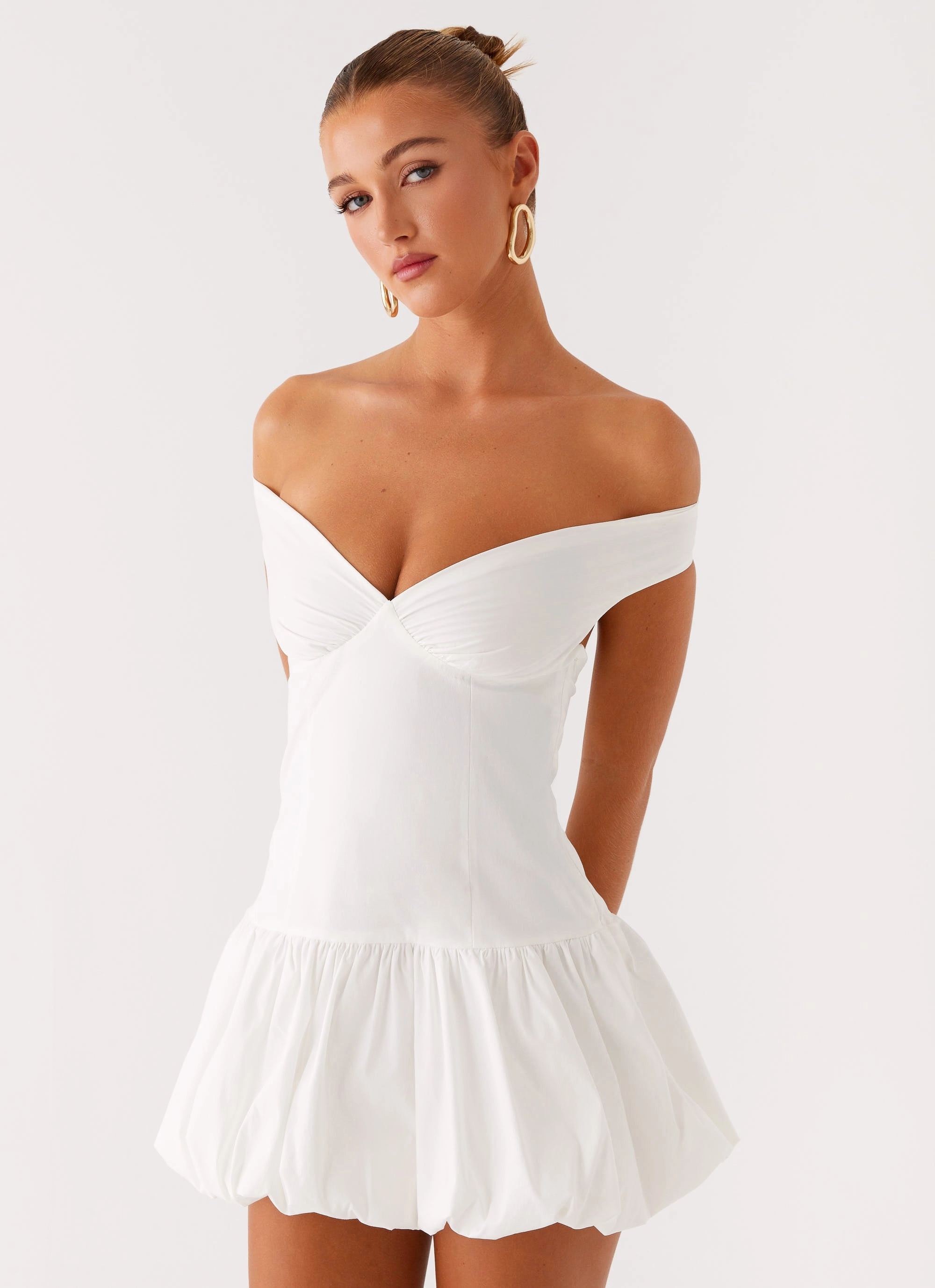 Silky Mood Textured Look Endless Romance Off Shoulder Mini Dress - White