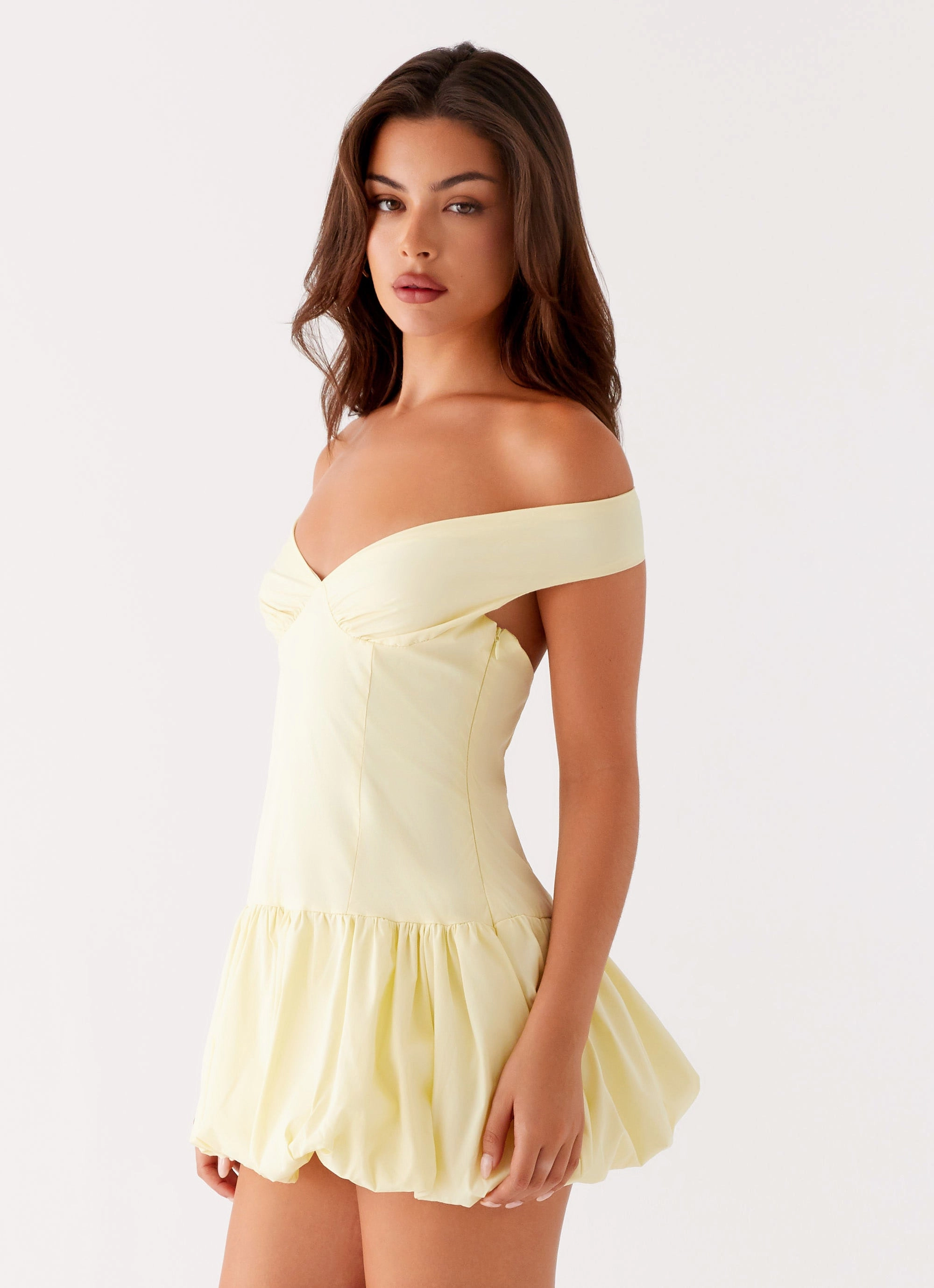 Snap-Closure London Cool Endless Romance Off Shoulder Mini Dress - Yellow