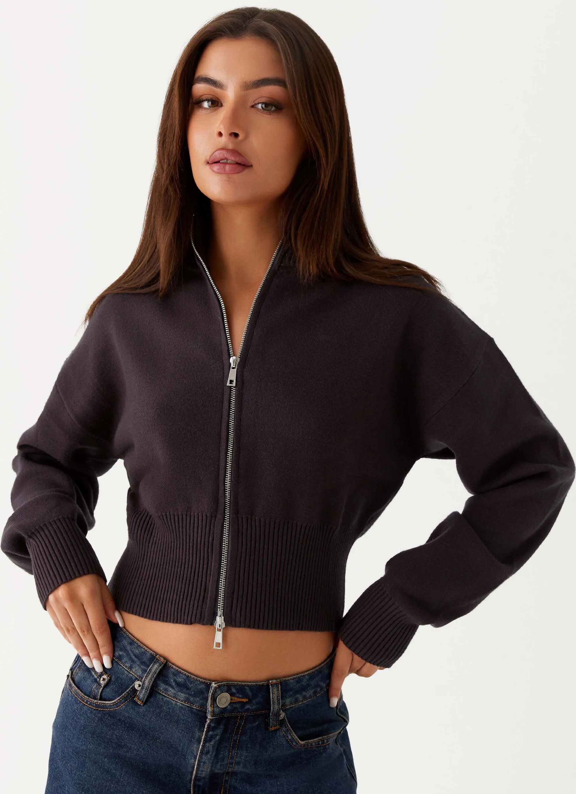 Episode High Neck Cardigan - Charcoal Patched Deodorant