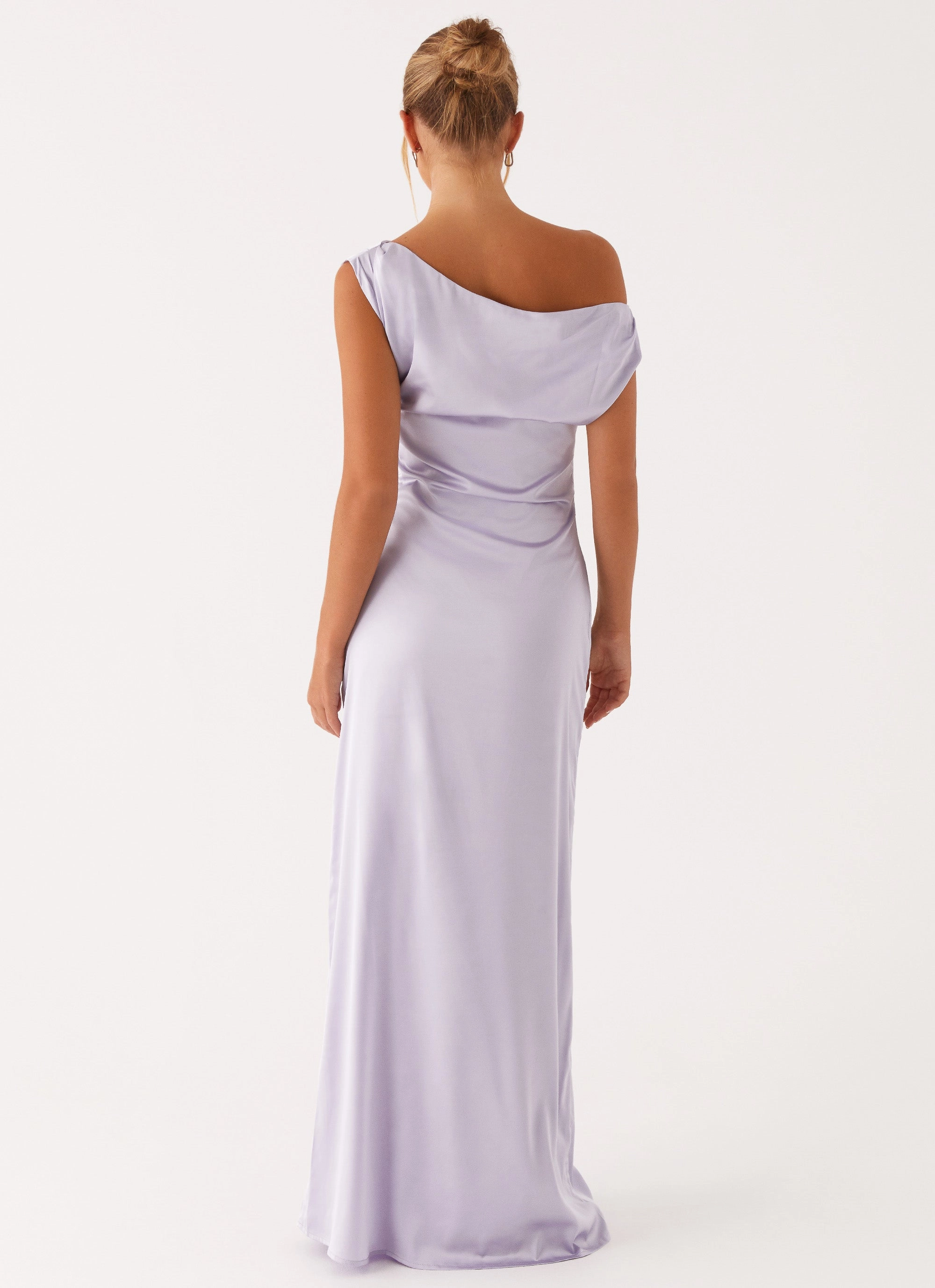 Ruffle Hem Flattering Style Heart Of Glass Satin Maxi Dress - Lilac