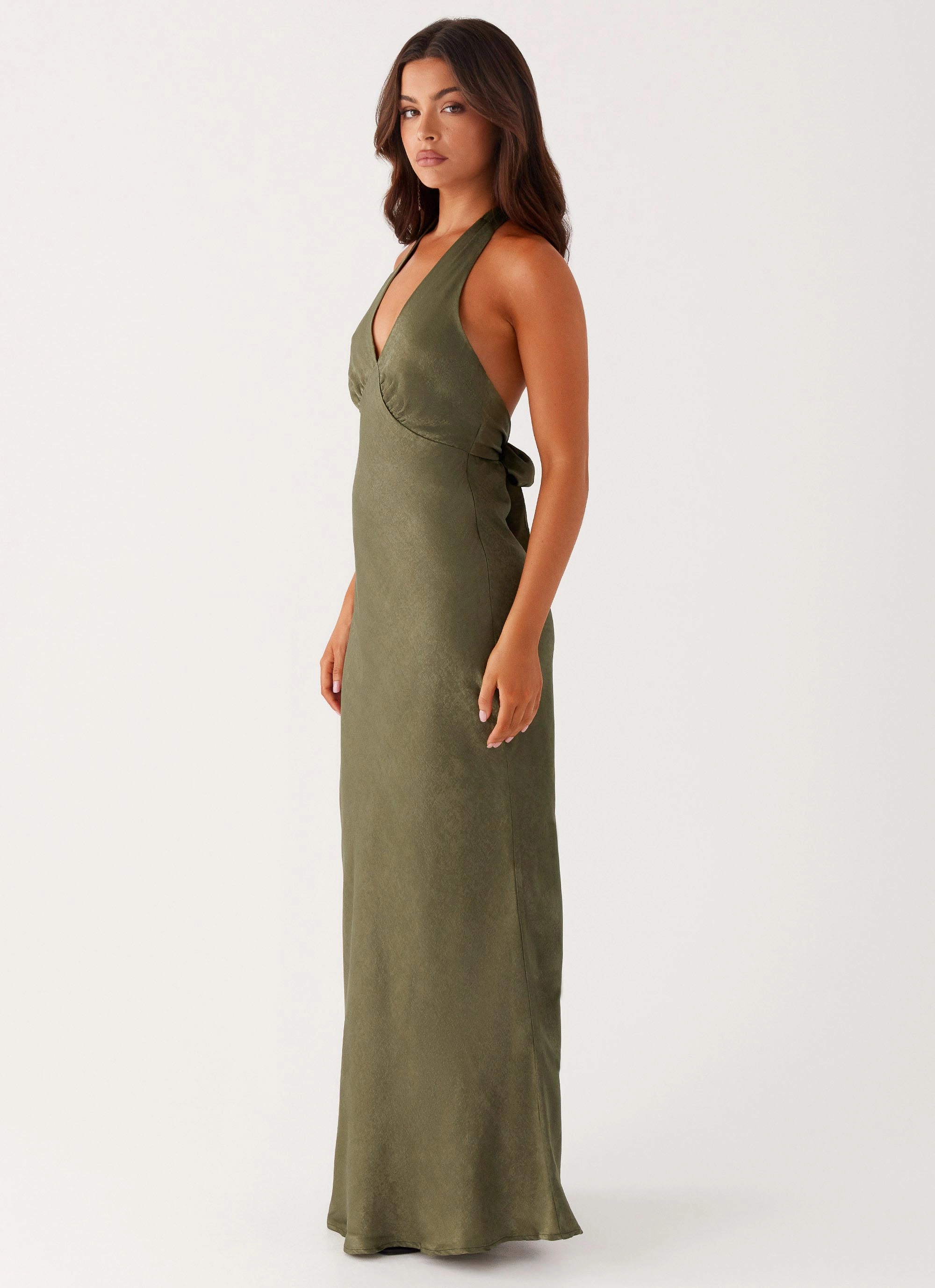 Anytime Fit Heavy Hearted Satin Maxi Dress - Khaki