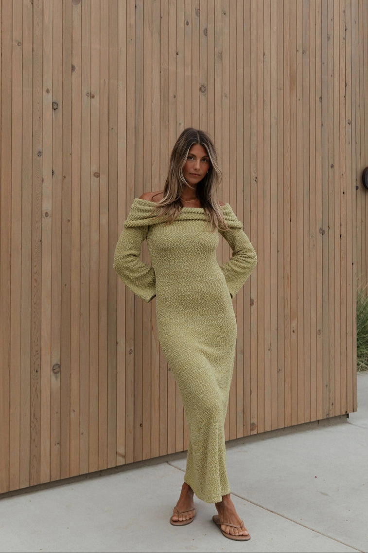 Nora Knit Maxi Dress in Dusty Lime - Bump Friendly Sharp Fit