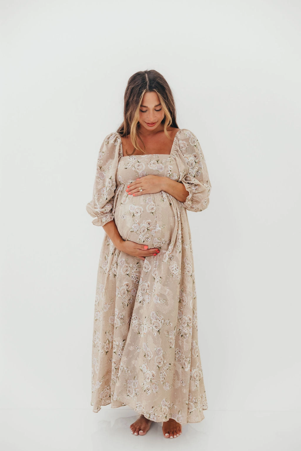Mona Maxi Dress in Beige/Brown Floral - Bump Friendly Breathable Material