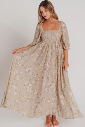 Mona Maxi Dress in Beige/Brown Floral - Bump Friendly Contemporary Look