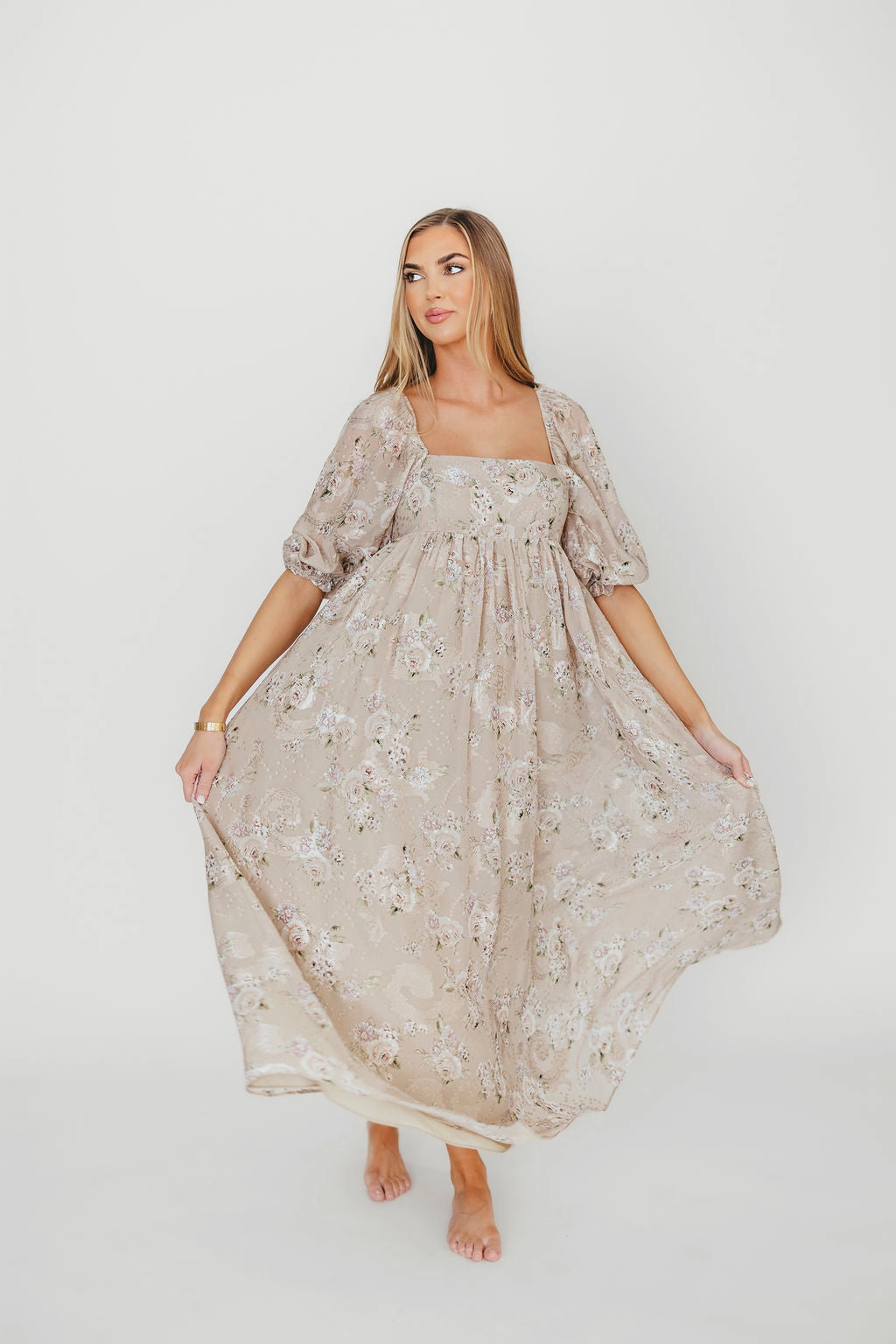 Mona Maxi Dress in Beige/Brown Floral - Bump Friendly Floral design