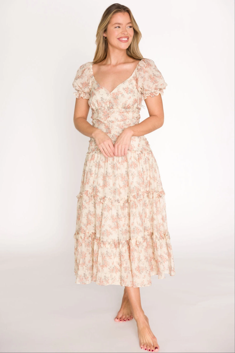 Earth-Tone Sleek Drape Jenna Ruffled Maxi Sundress in Cream/Multi Floral *Final-Sale*