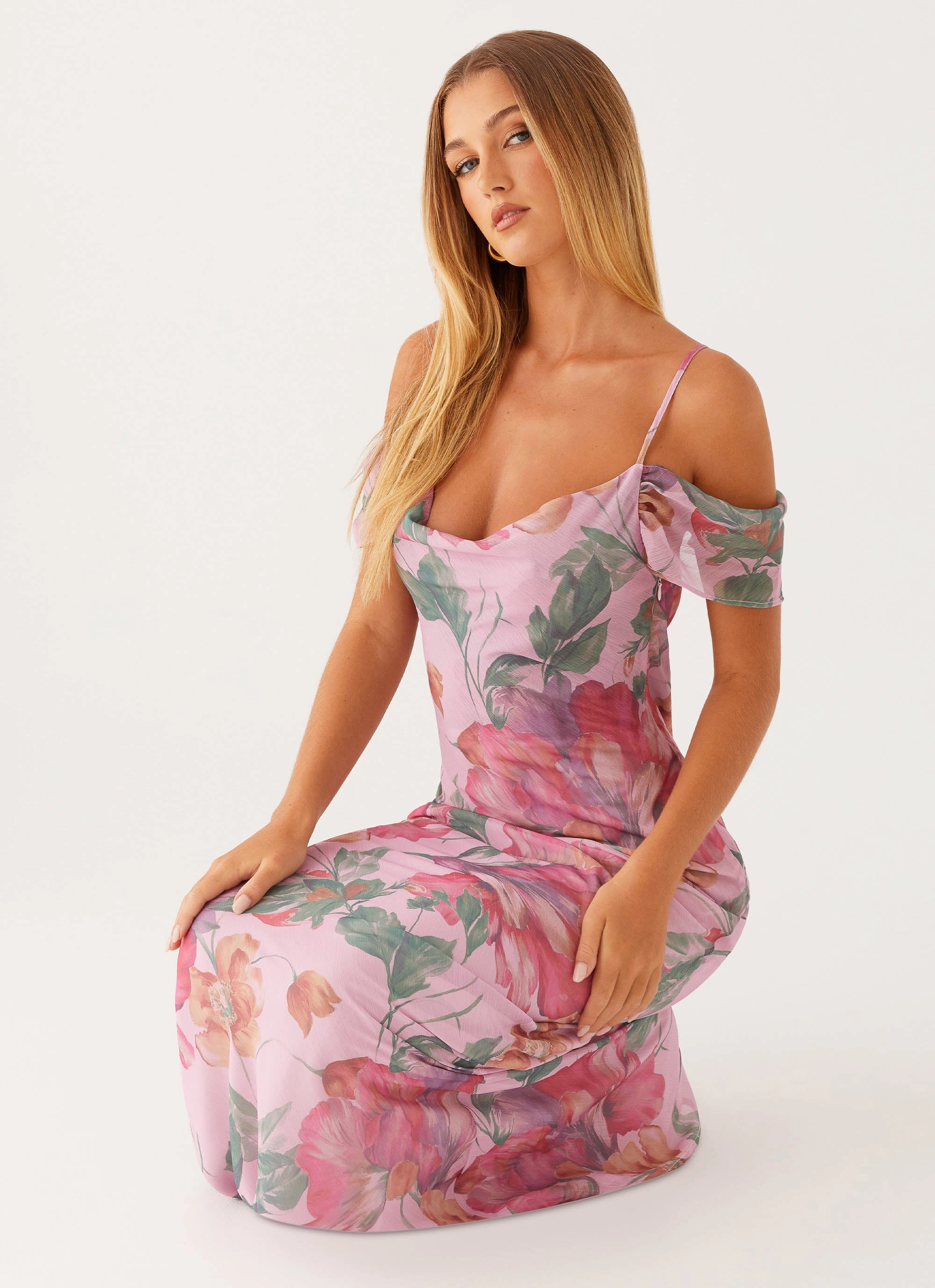 Seline Maxi Dress - Pink Floral Satin Fabric Draped Fabric