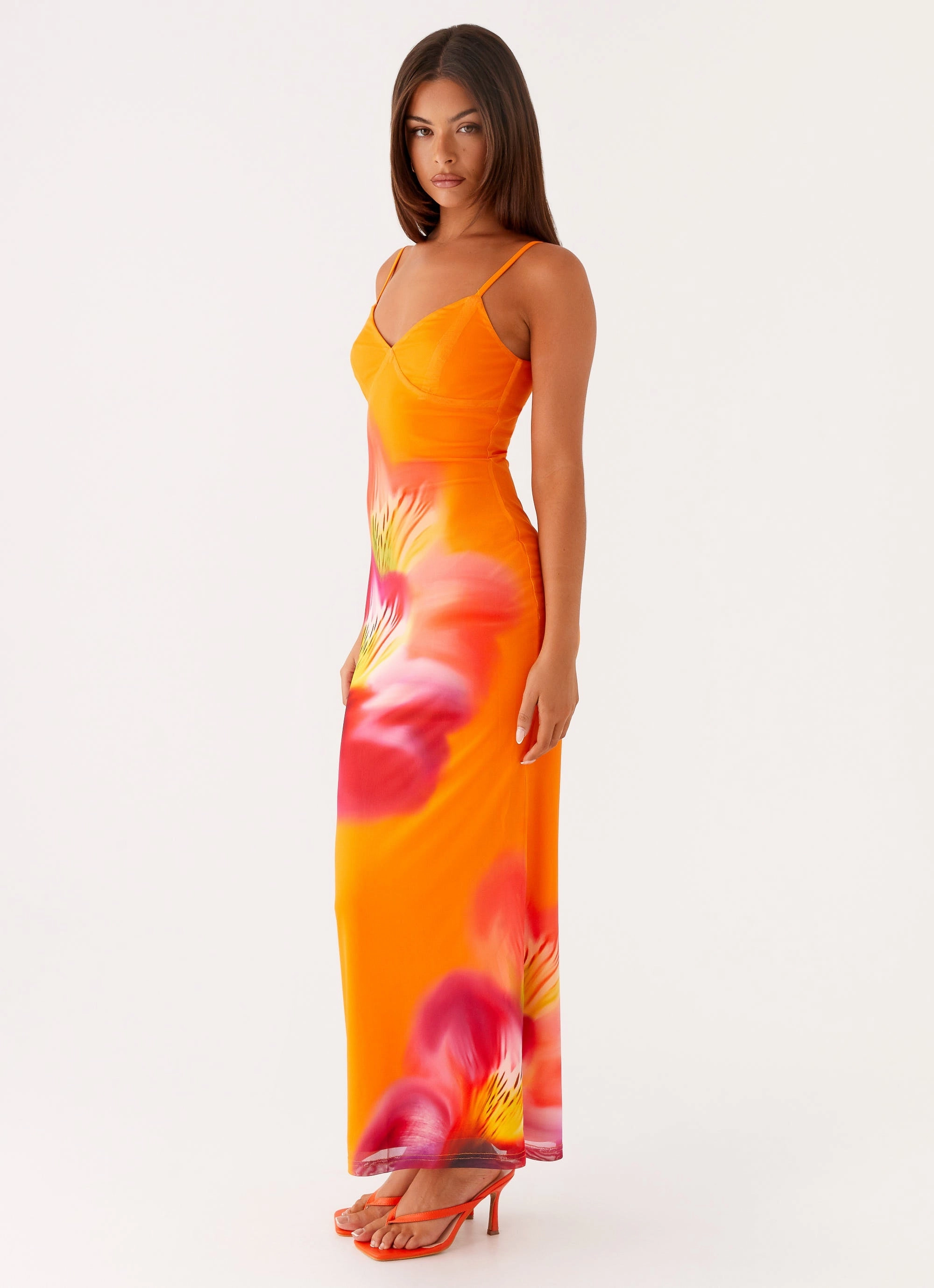 Elegant Line Silky Drape Kasey Midi Dress - Orange Tropical