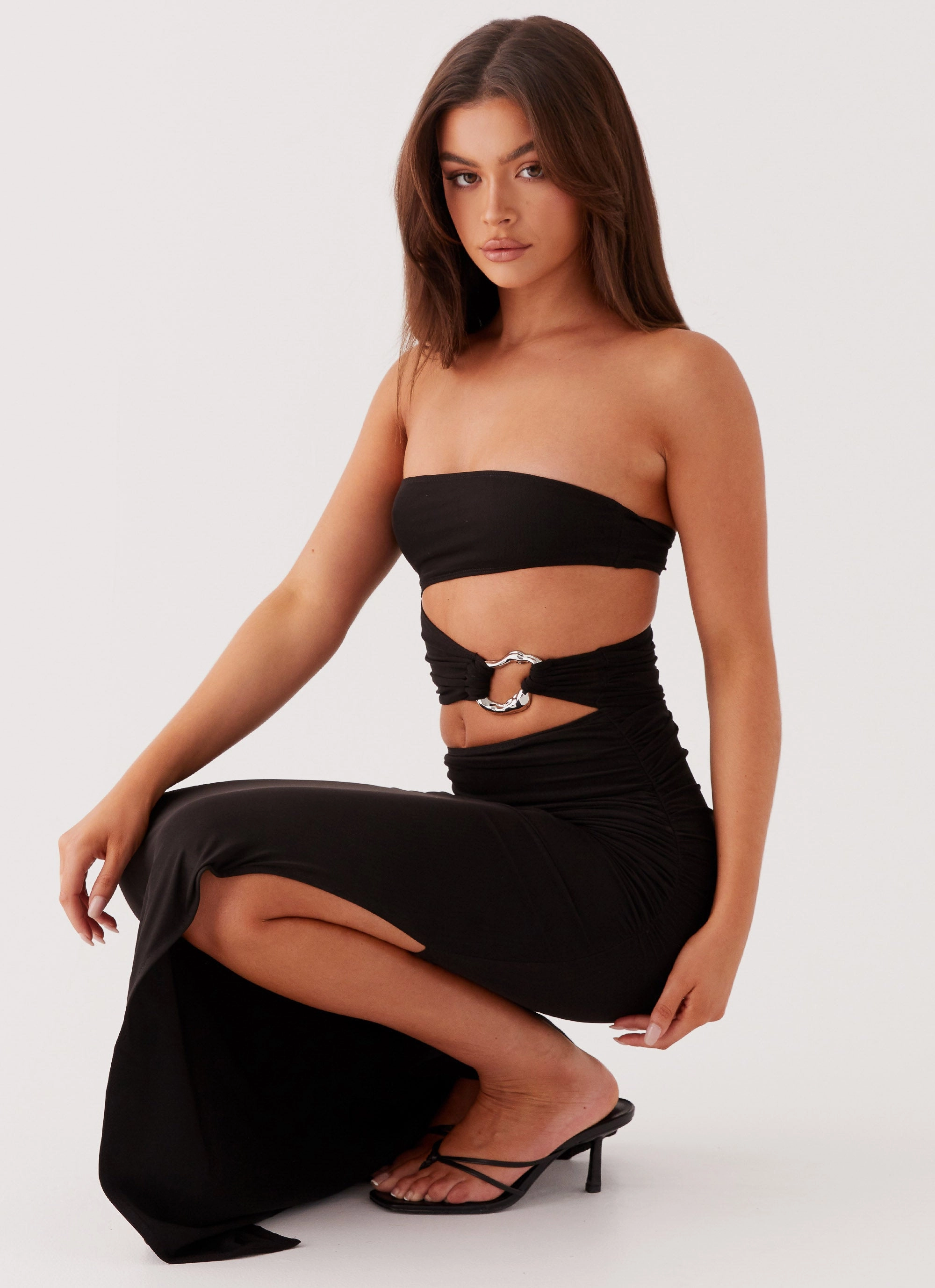 Evening Glow Back-Zip Into Pieces Mesh Maxi Dress - Black