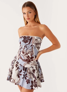 Draped Silhouette Subtle Edge Larnie Linen Mini Dress - Bluewood Blossom