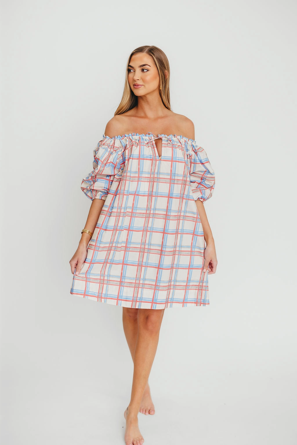 Fall Layer Inaya 100% Cotton Puff Sleeve Babydoll Mini Dress in Blue Multi *Final-Sale*