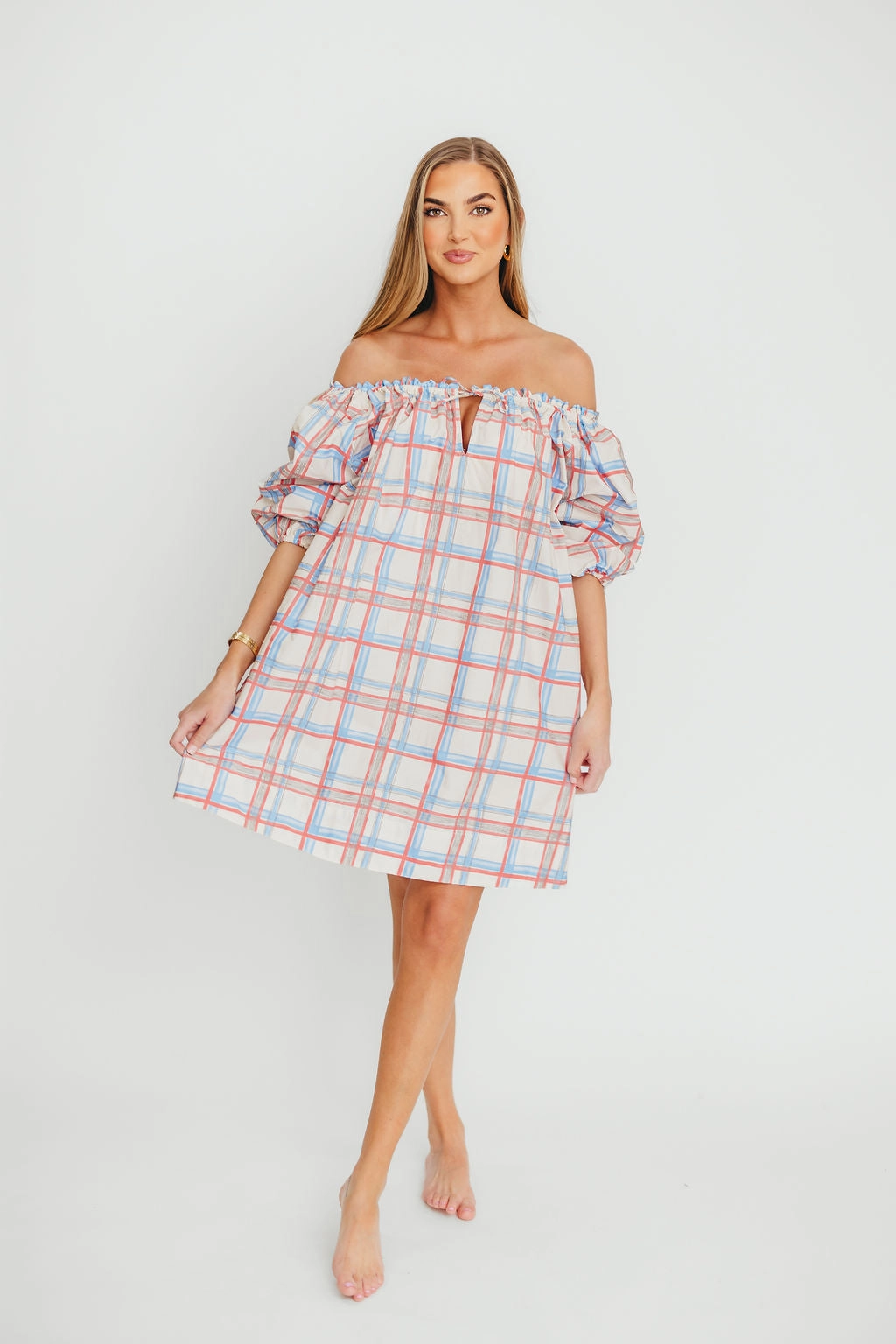 Inaya 100% Cotton Puff Sleeve Babydoll Mini Dress in Blue Multi *Final-Sale* Satin-Finish Subtle Motion