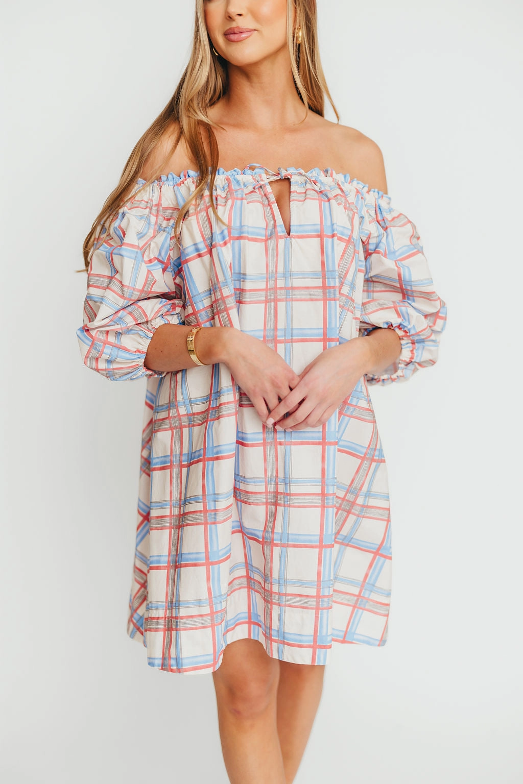 Timeless office dress summer breeze Inaya 100% Cotton Puff Sleeve Babydoll Mini Dress in Blue Multi *Final-Sale*