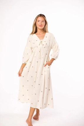 Tonal-Panel Hunter 100% Cotton Gauze Midi Dress in Soy/Pink Floral - Bump Friendly