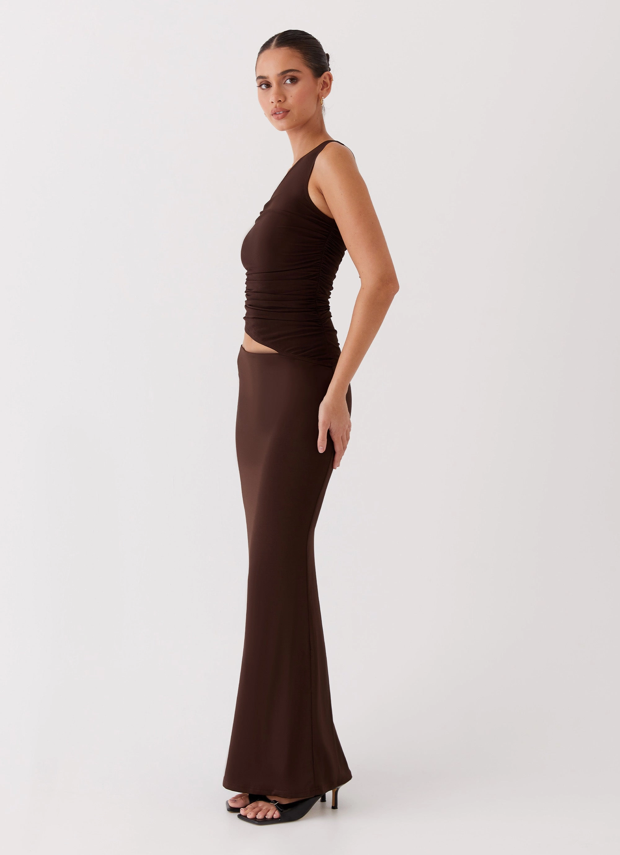 Belted-Style Seranella One Shoulder Maxi Dress - Chocolate