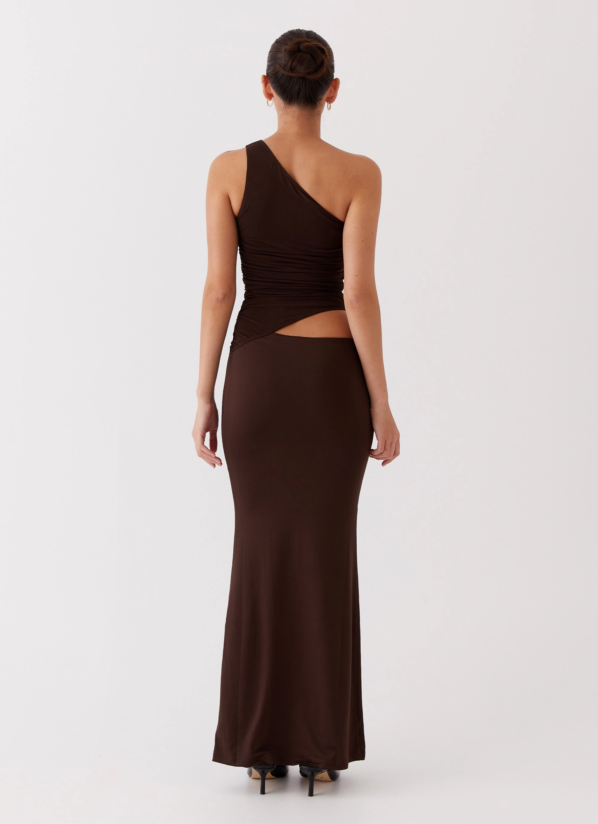 Frayed-Edge Seranella One Shoulder Maxi Dress - Chocolate