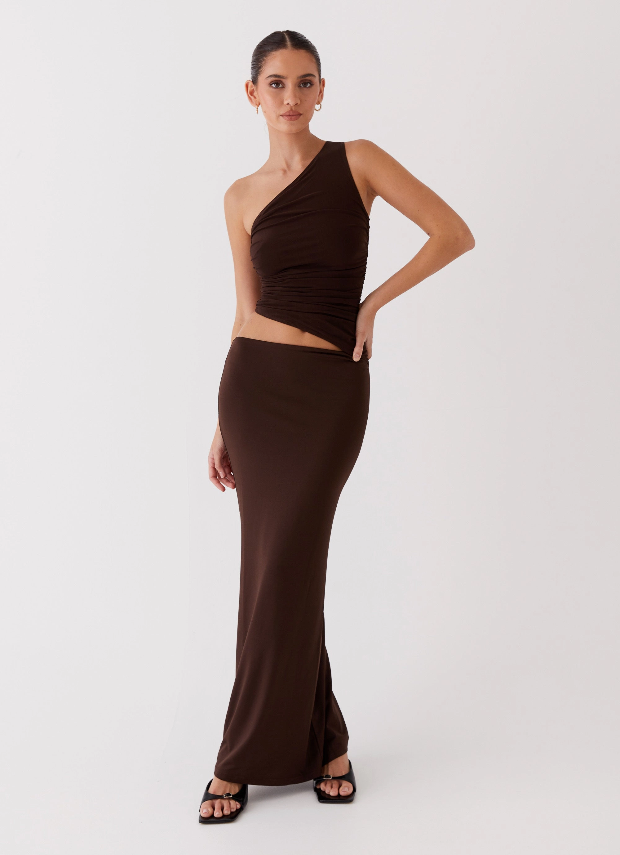 Color-Blocked Seranella One Shoulder Maxi Dress - Chocolate