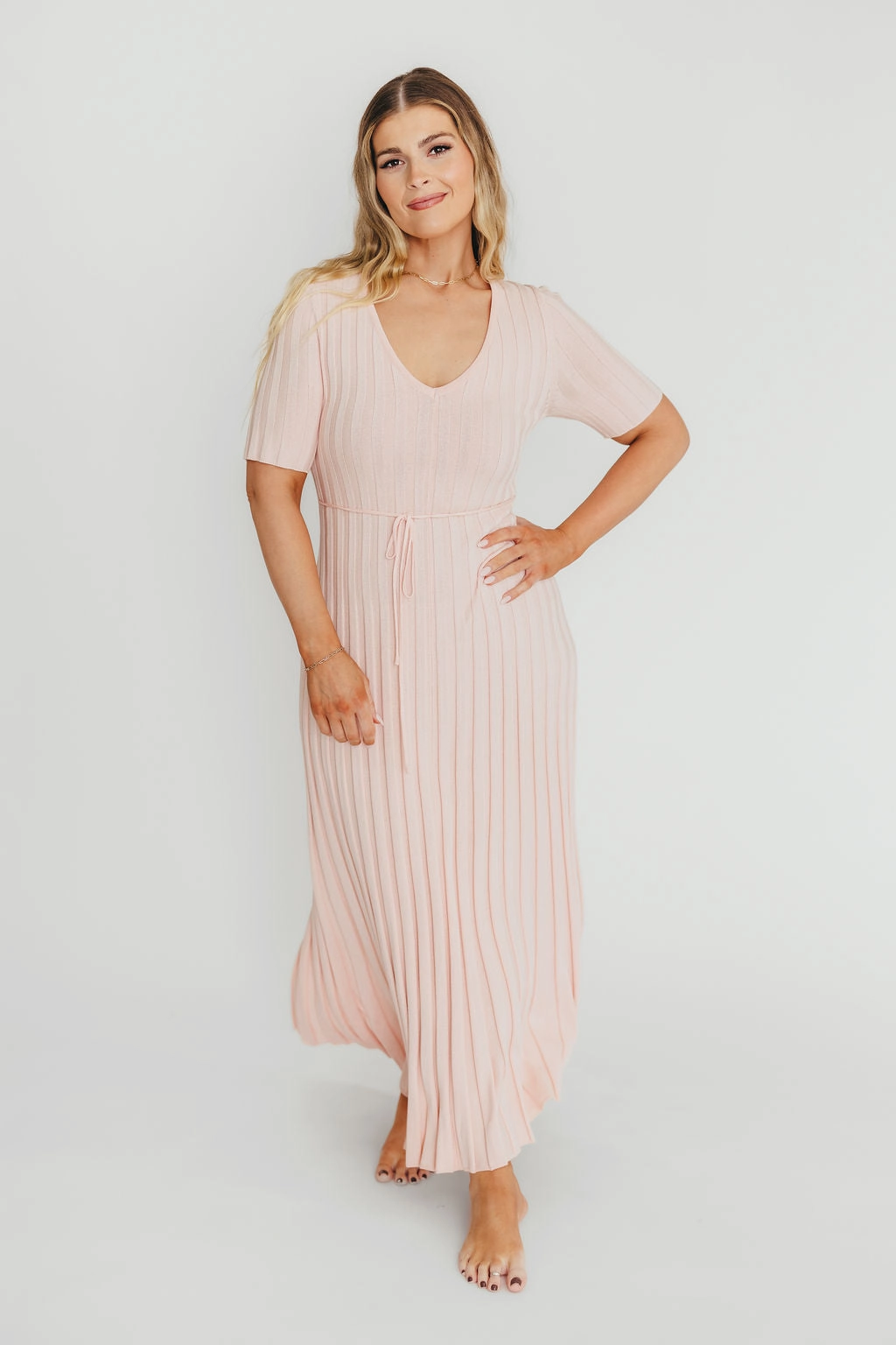 Versatile Comfort Wear Light Bow Oakley Ribbed Maxi Dress in Light Pink - Bump Friendly *Final-Sale*