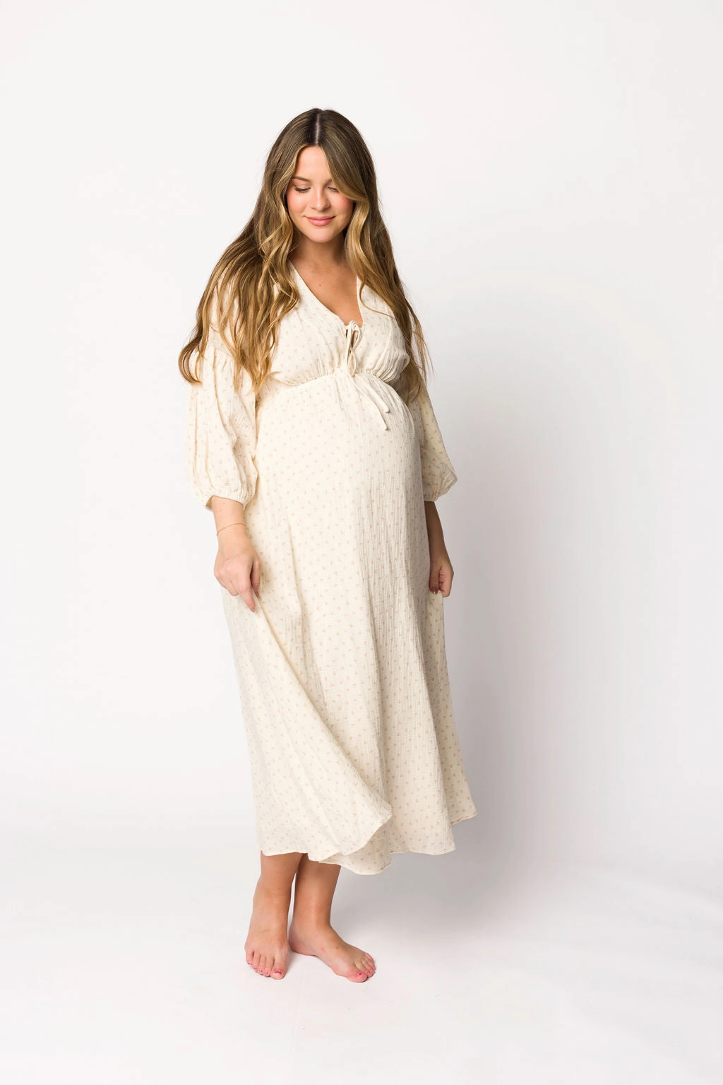 Hunter 100% Cotton Gauze Midi Dress in Natural/Brown Floral Bump Friendly (Fully Lined) Bold Design