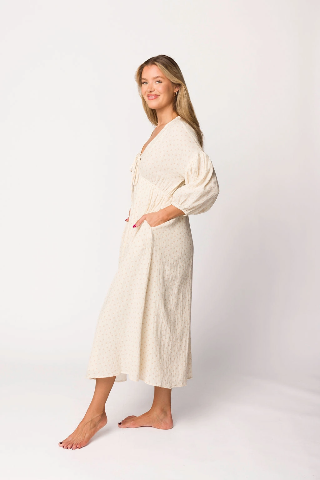 Move Free Hunter 100% Cotton Gauze Midi Dress in Natural/Brown Floral Bump Friendly (Fully Lined)