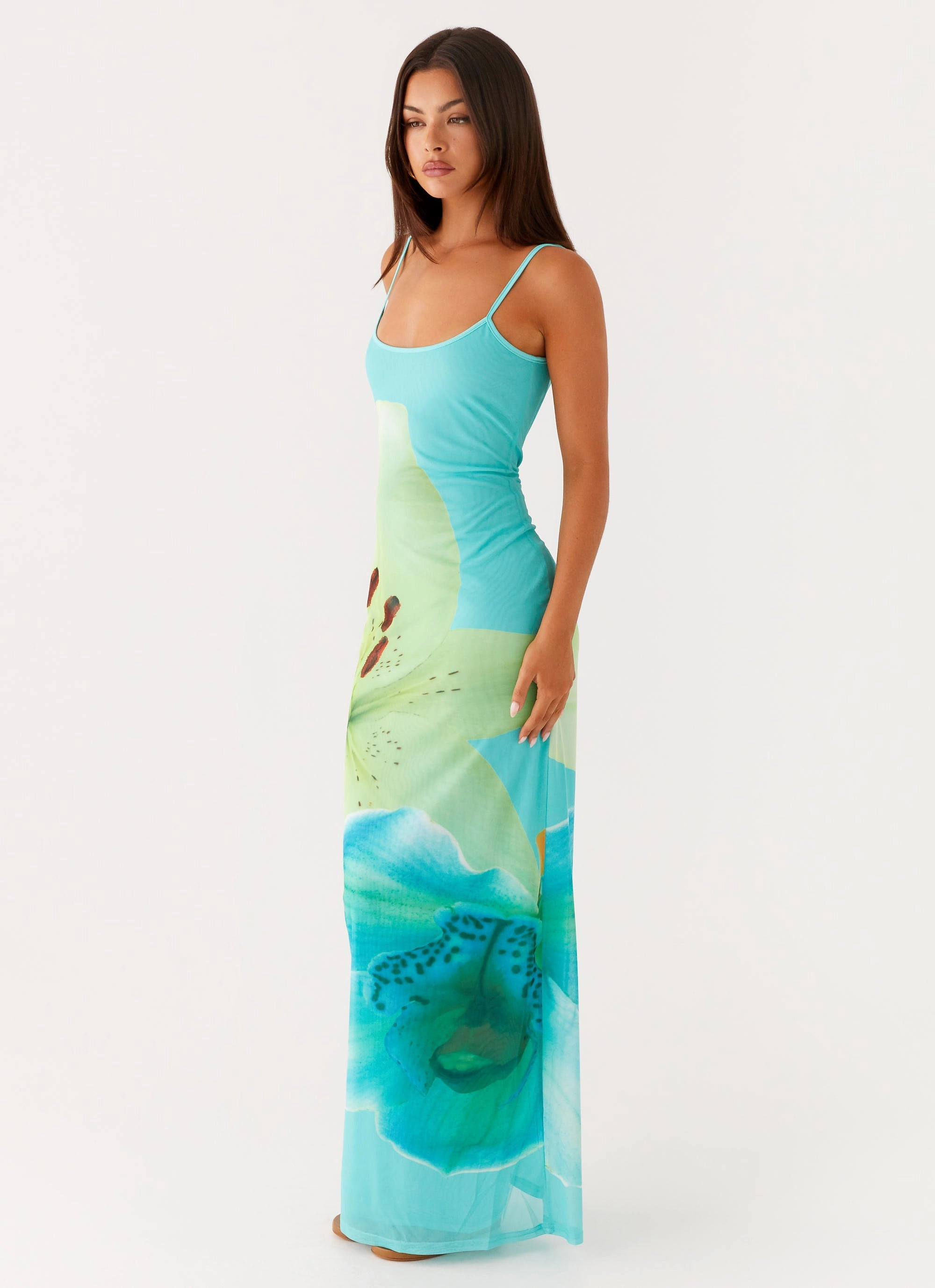 Bad News Mesh Maxi Dress - Turquoise Floral Versatile occasion dress