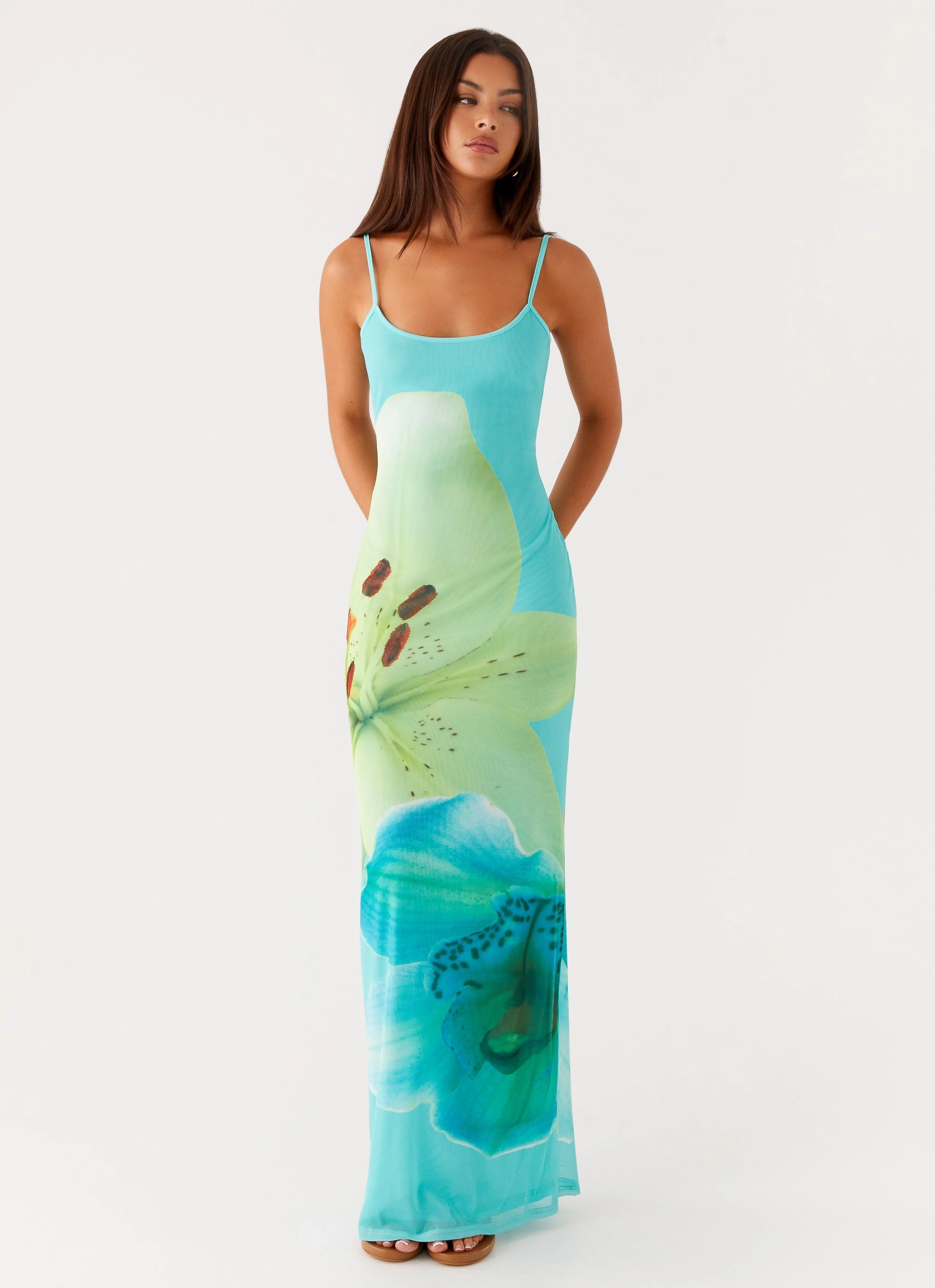 Stylish Choice Bad News Mesh Maxi Dress - Turquoise Floral