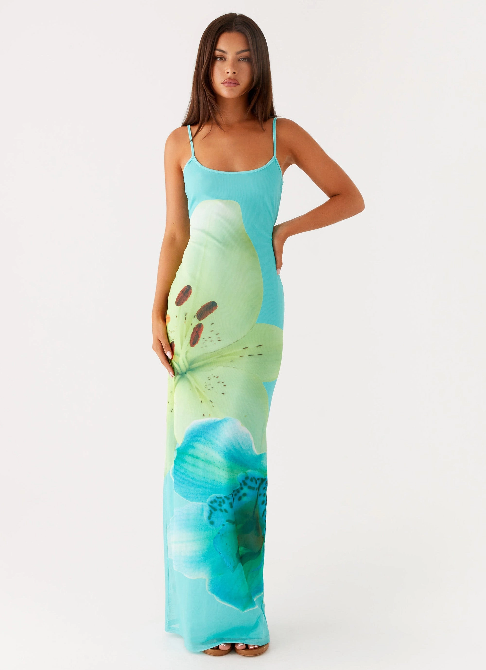Timeless Beauty ContrastStitching Bad News Mesh Maxi Dress - Turquoise Floral
