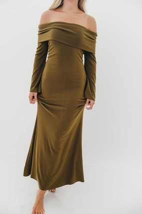Casual Wear breathable-mesh Monroe Maxi Dress with Long Sleeves in Olive Green- Bump Friendly