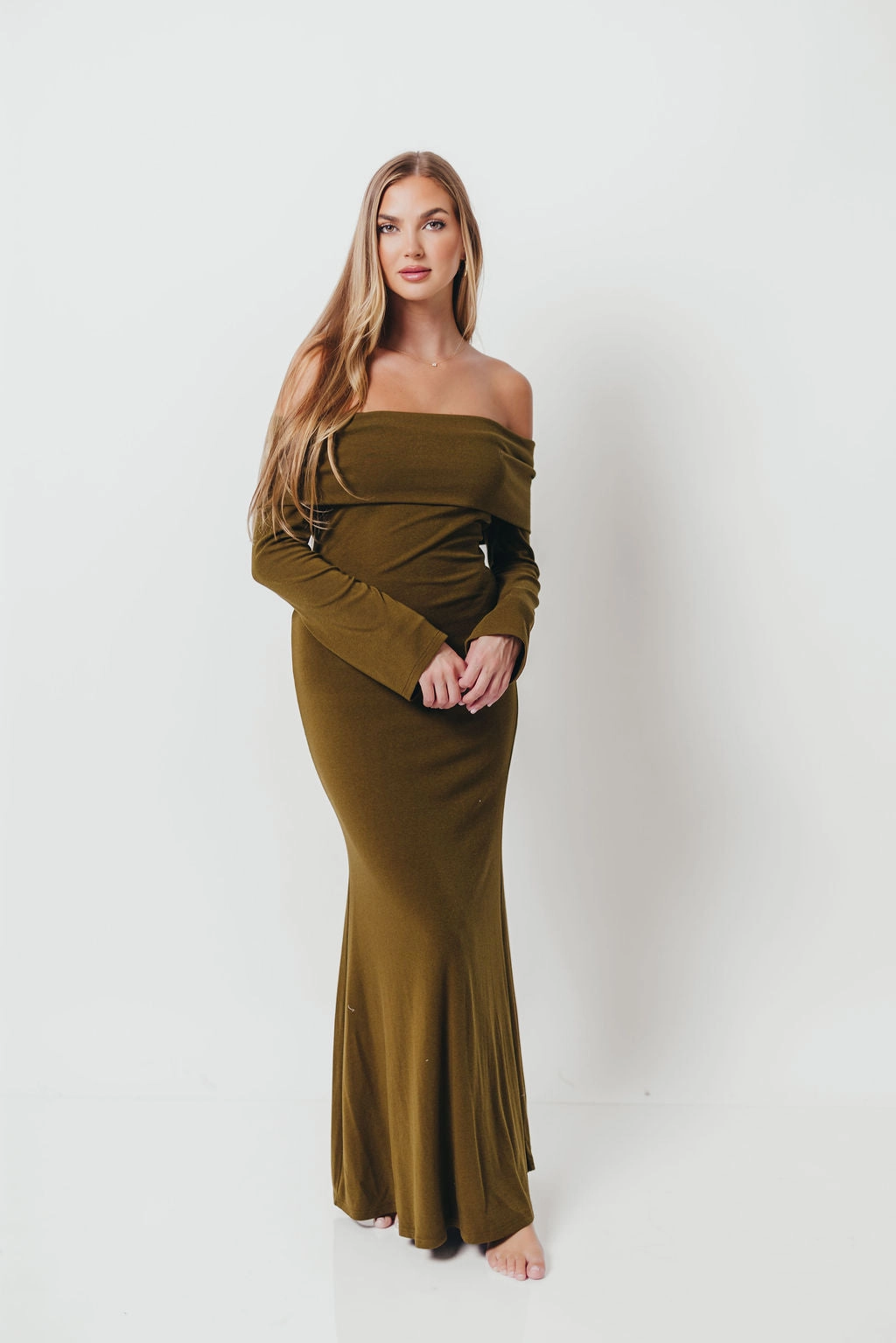 Cozy Style Monroe Maxi Dress with Long Sleeves in Olive Green- Bump Friendly