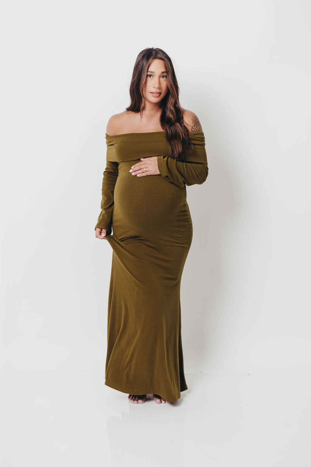 Monroe Maxi Dress with Long Sleeves in Olive Green- Bump Friendly Stylish Feel