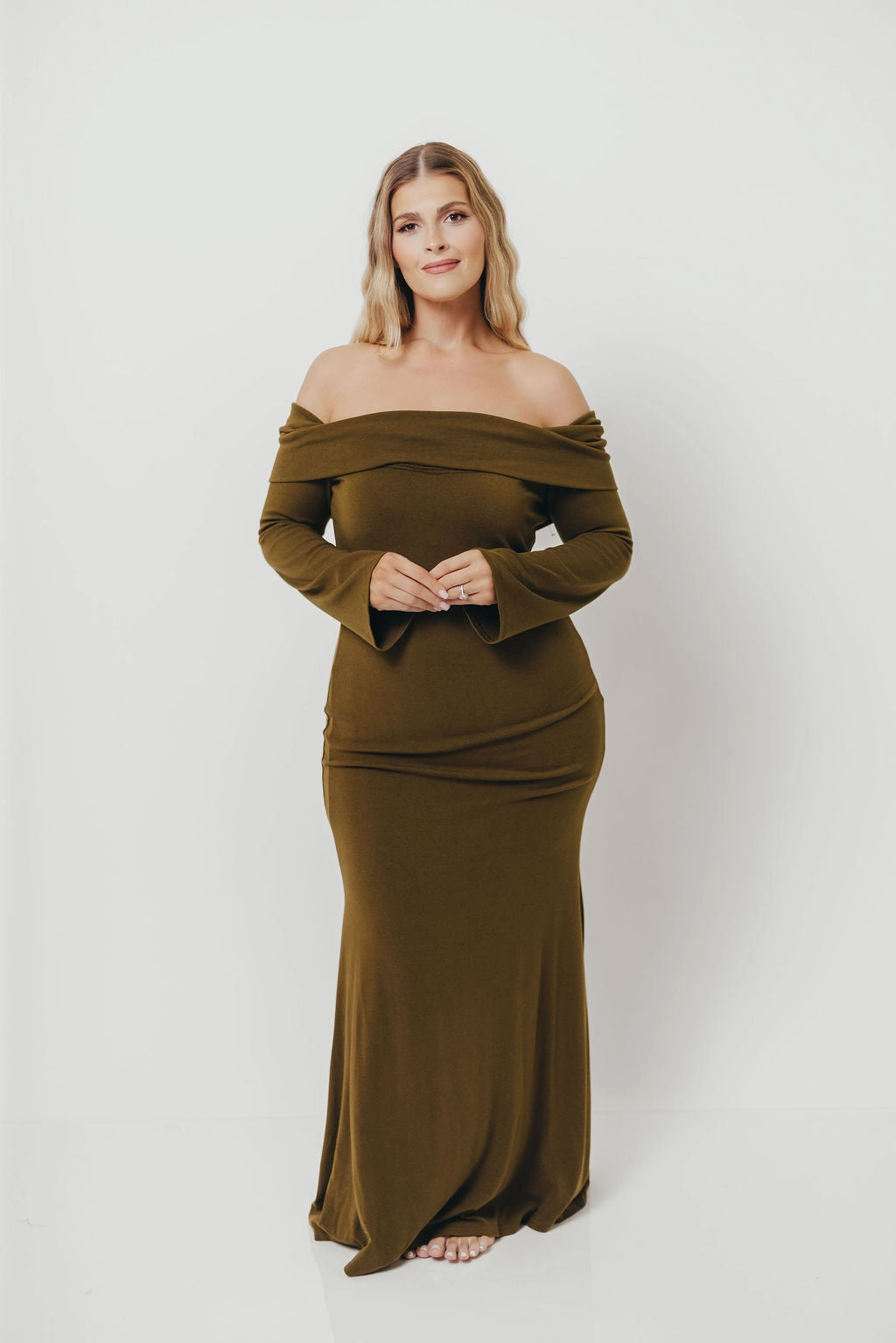 Monroe Maxi Dress with Long Sleeves in Olive Green- Bump Friendly Square-Neck