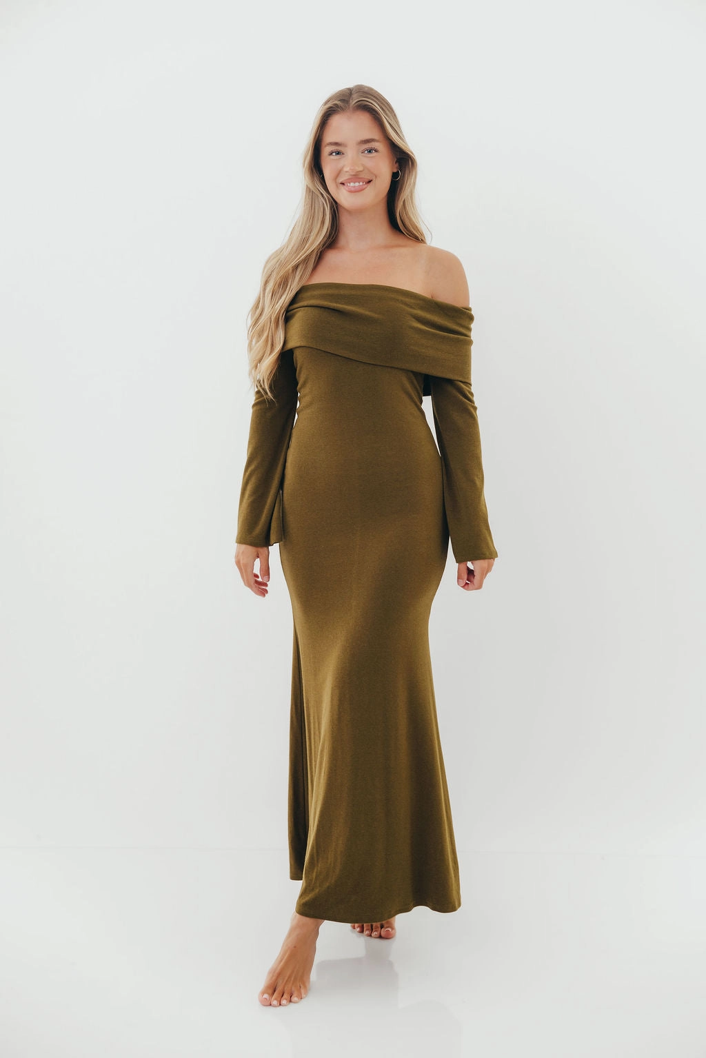 Monroe Maxi Dress with Long Sleeves in Olive Green- Bump Friendly QuickDryTechnology Easy Draping