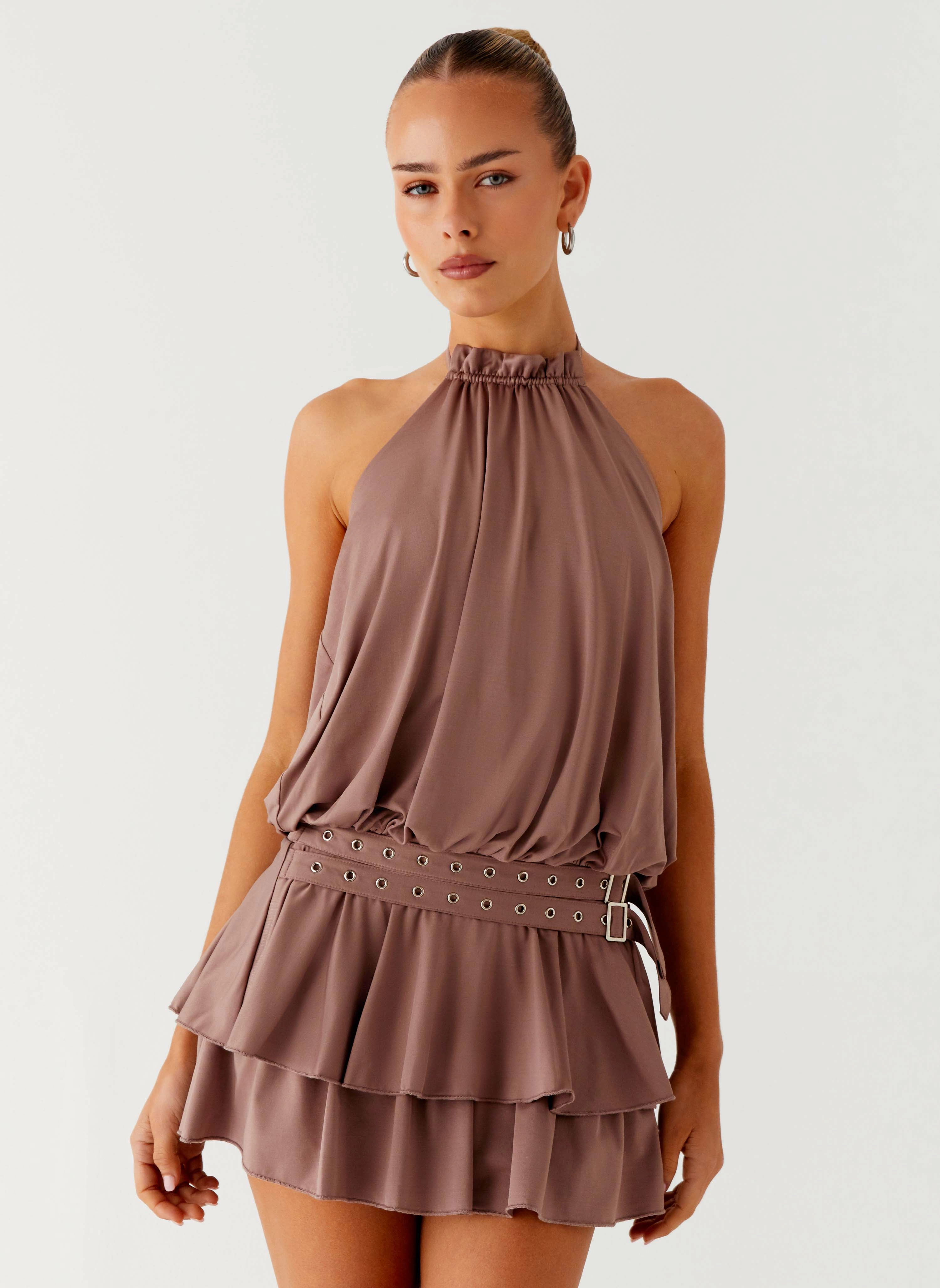 Dopamine Belt Mini Dress - Taupe Thermal-Lined Cool Fabric