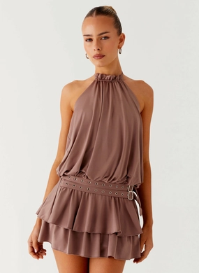 Dopamine Belt Mini Dress - Taupe Thermal-Lined Cool Fabric