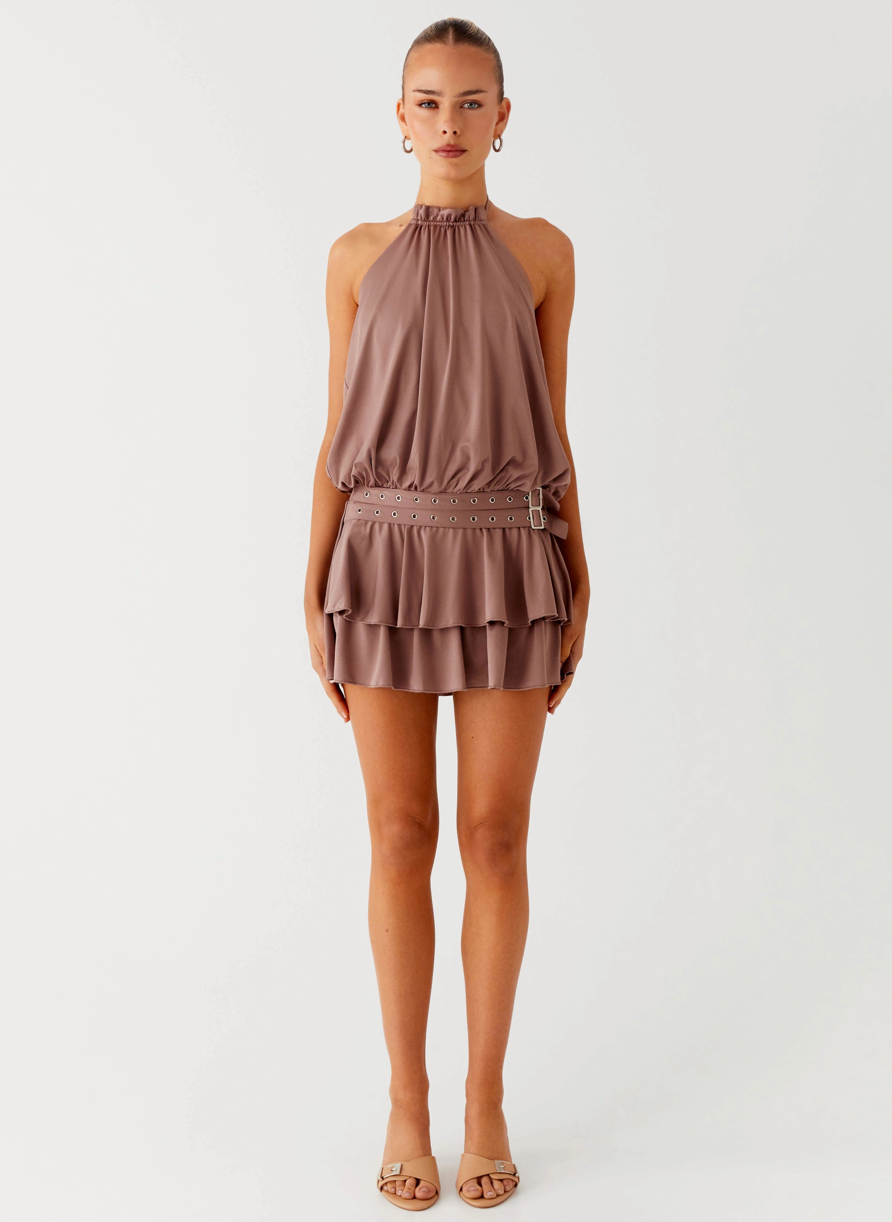 Collared Dopamine Belt Mini Dress - Taupe