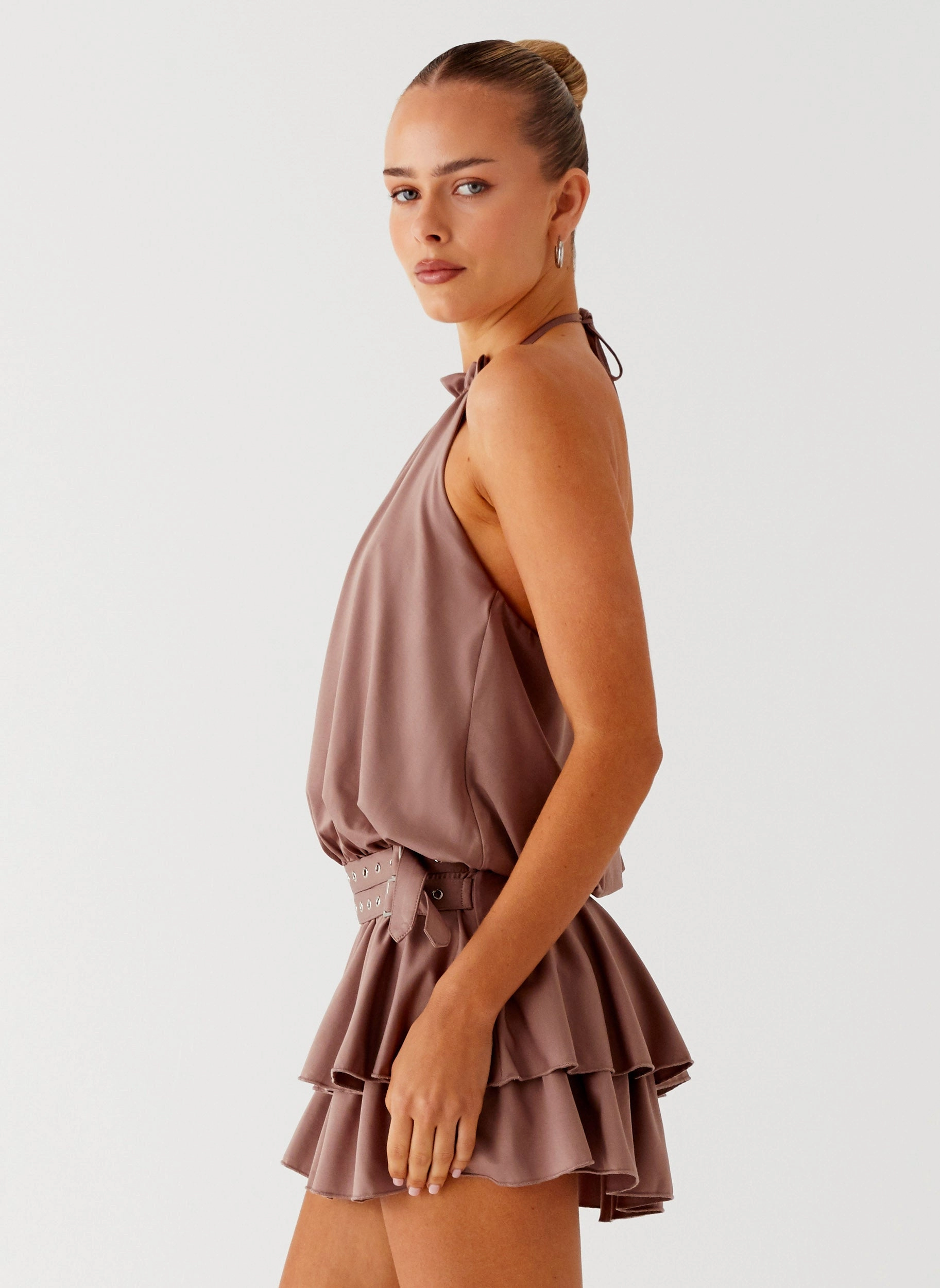 Dopamine Belt Mini Dress - Taupe Bust-Enhancing