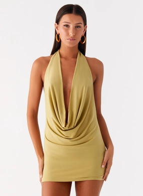 Ombre-Effect Mixed Fabric Haisley Cowl Mini Dress - Lime Green