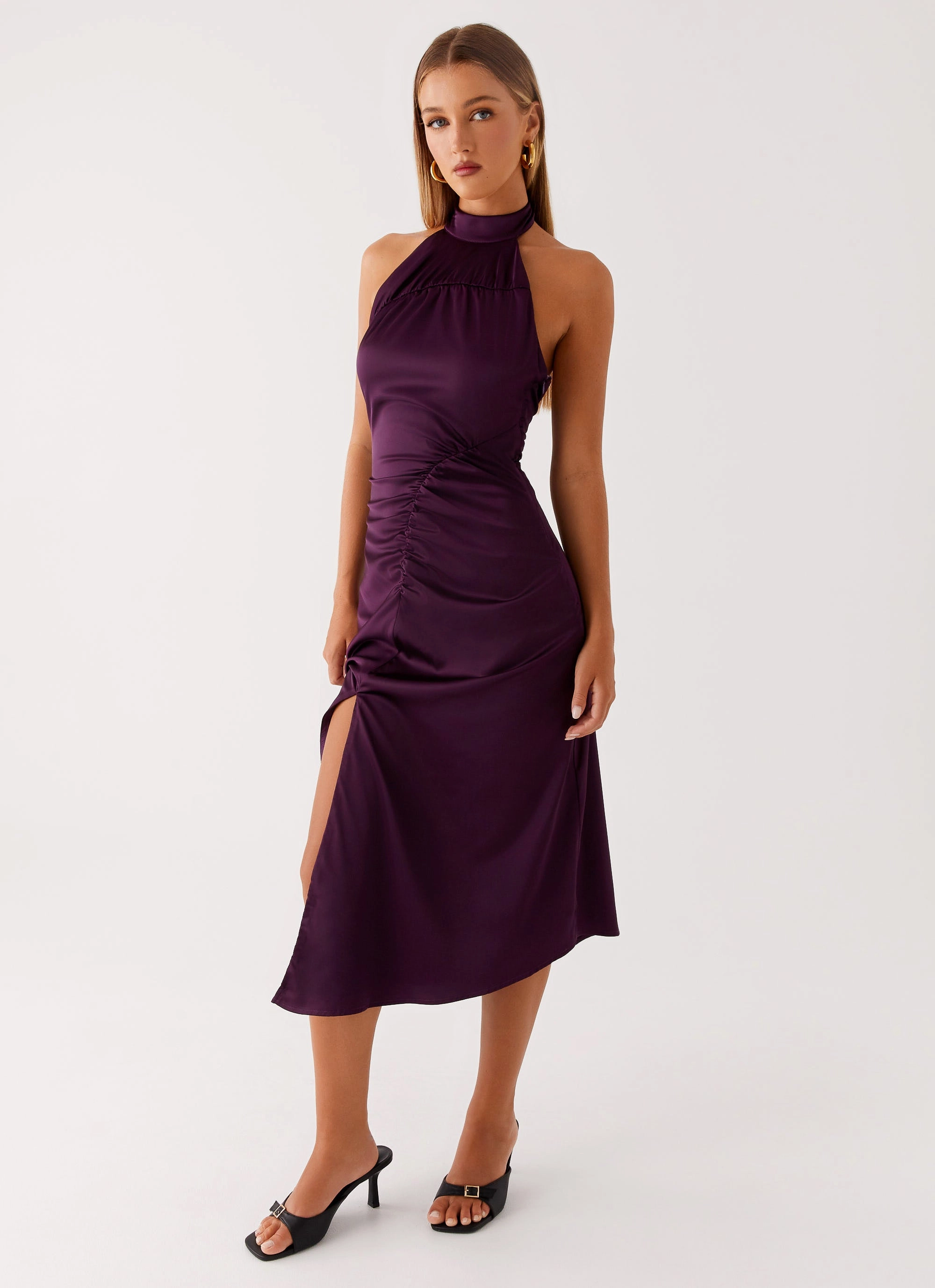Cozy Drape Casta Halterneck Midi Dress - Plum