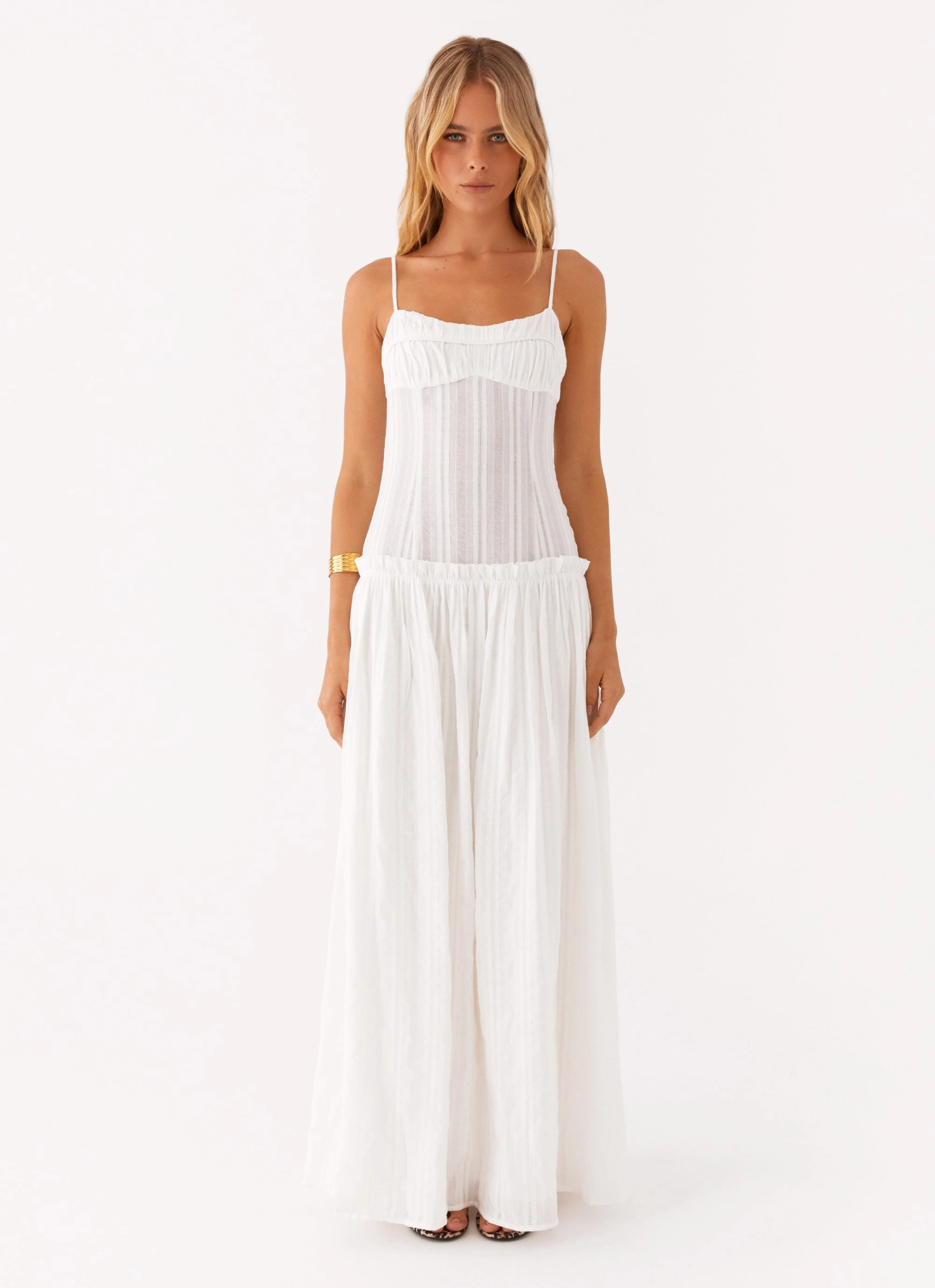 Fringe-Detail Slim Silhouette Jacinda Drop Waist Maxi Dress - Ivory