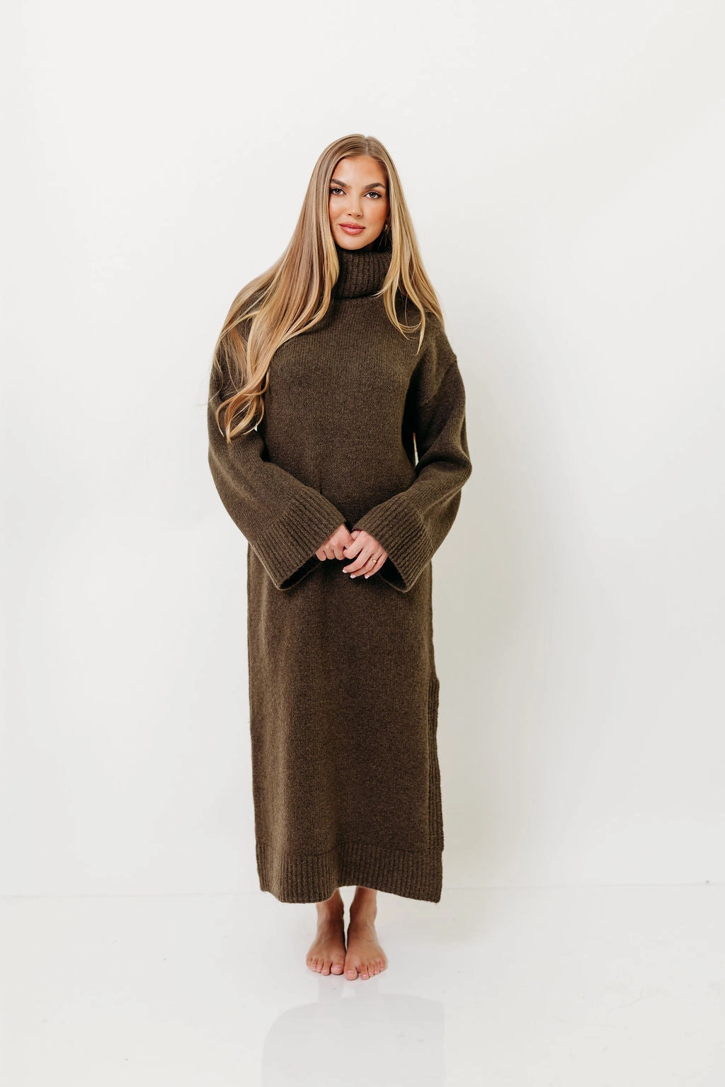 Boho Aesthetic Melissa Cowl-Neck Sweater Midi Dress in Olive