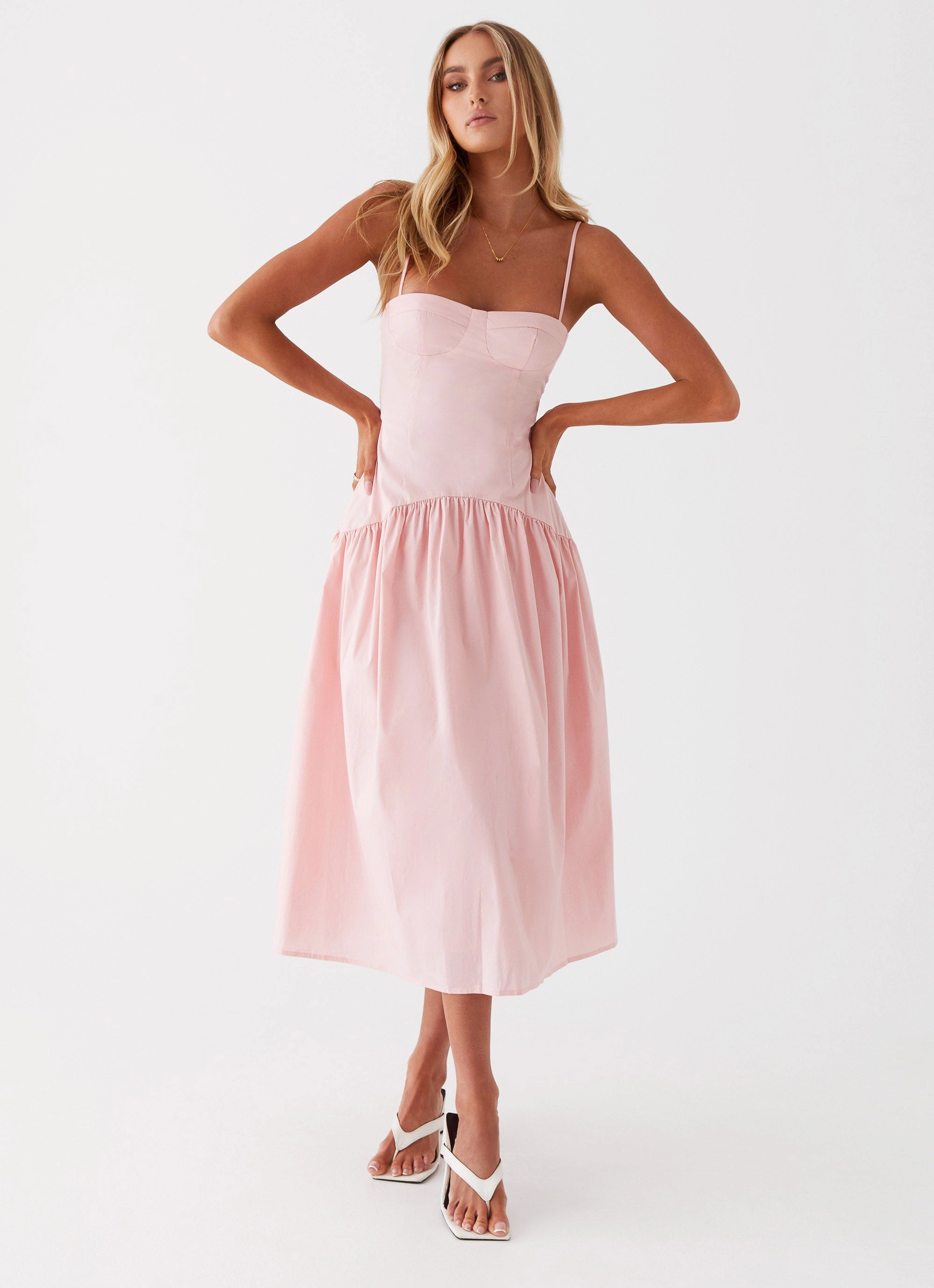 Yvette Corset Midi Dress - Pink Flare Hem Mom Chic